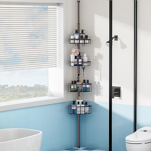 Miniatura 2 de Poste de tensión de esquina para ducha organizador de ducha a prueba de óxido con estantes ajustables de 4 niveles para baño, bañera y champú,