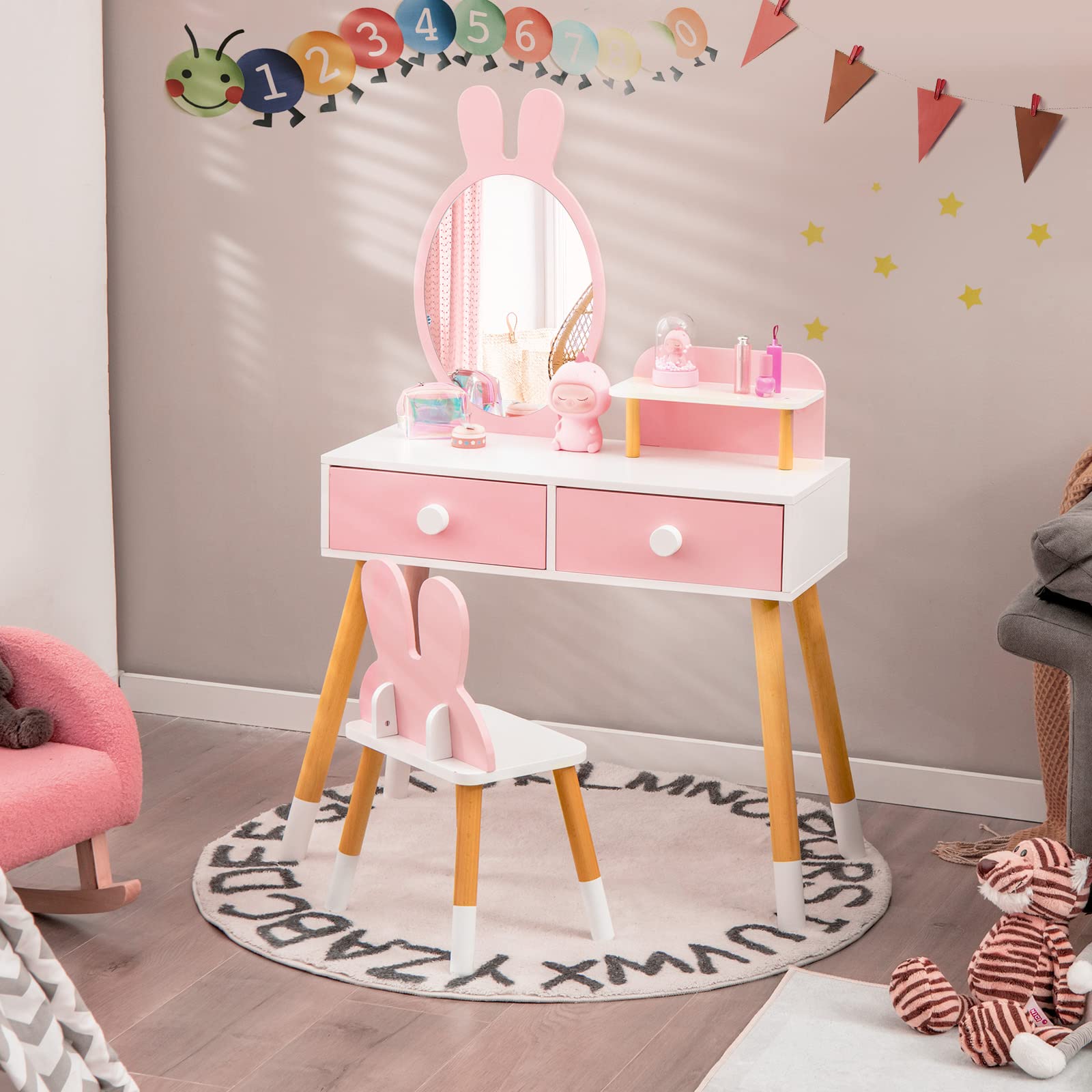 COSTWAY Tocador de Maquillaje de Princesa para Niña, Juego de Mesa y Silla, Escritorio Espejo 2 en 1 para, 2 Cajones y Estante, Juego de Tocador con Patas de Madera Maciza (Rosa)