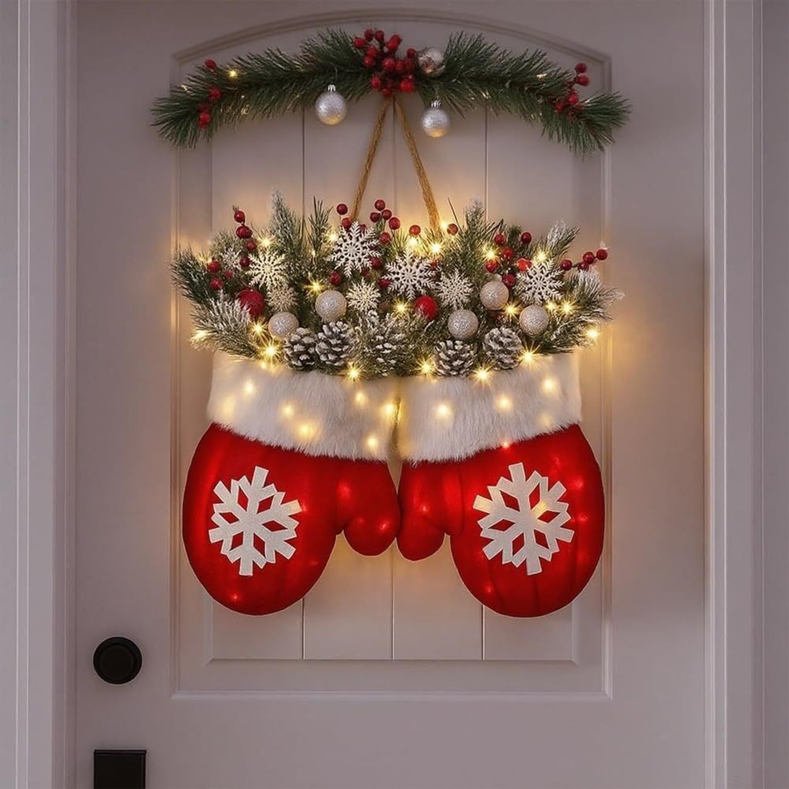 Twinkling Christmas Mitten Wreath, Light Up Christmas Wreath For Front Door