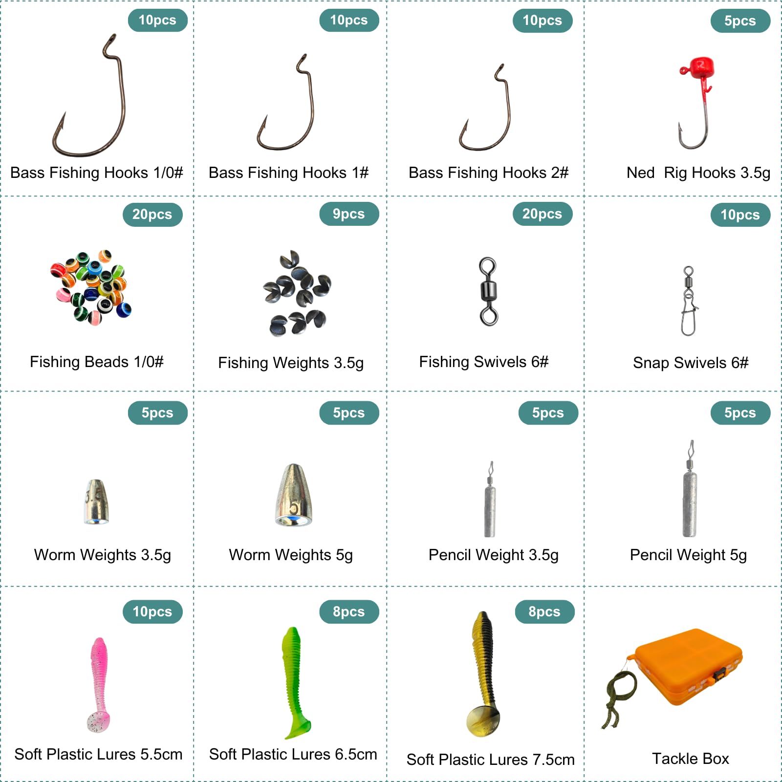 ELLYCIO 142pcs Fishing Accessories Kit, Fishing Tackle Box with Tackle Included, Texas Rig Hooks, Weights, Beads, Round Split Shot, Soft Plastic Baits for Bass Fishing