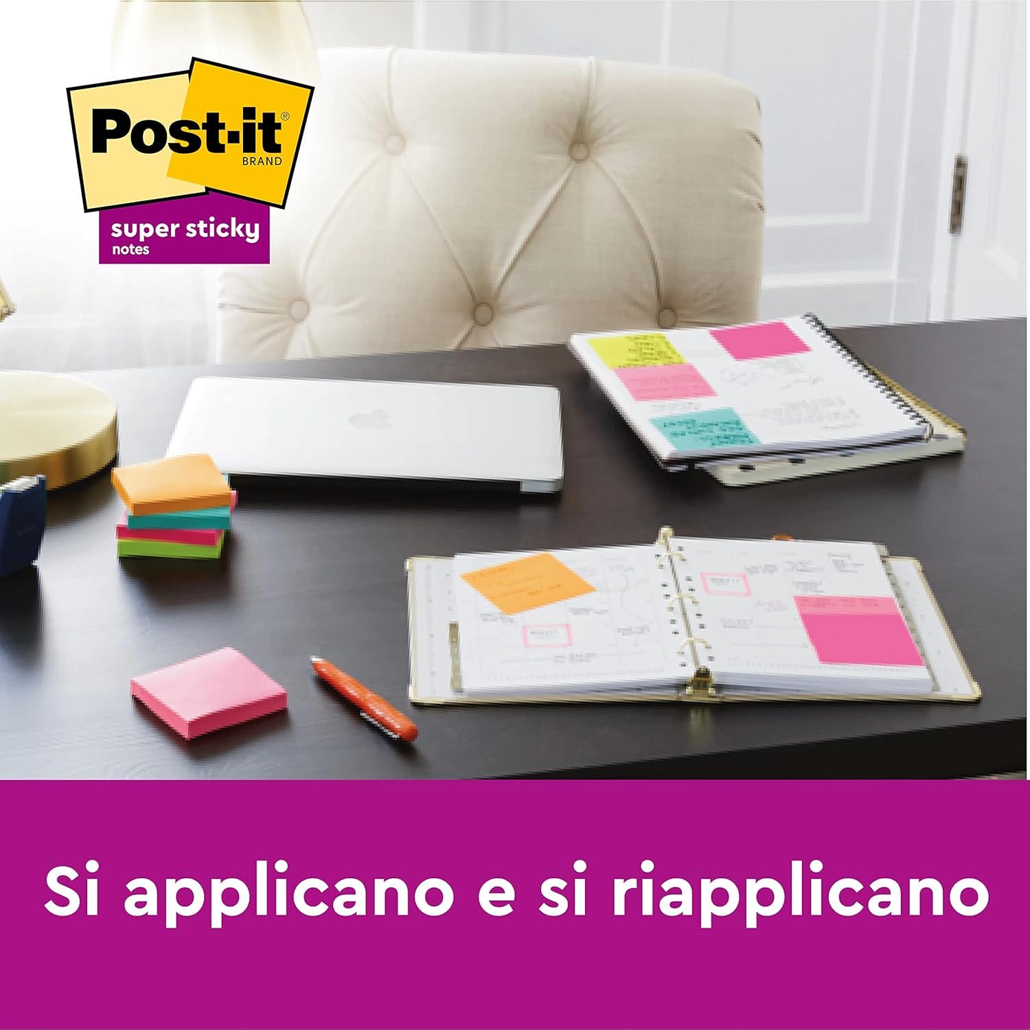 Post-it Super Sticky Foglietti Playful, 12 blocchetti 90 fogli, 47,6 mm x 47,6 mm, Rosso, Arancio, Giallo, Verde, Azzurro, Viola