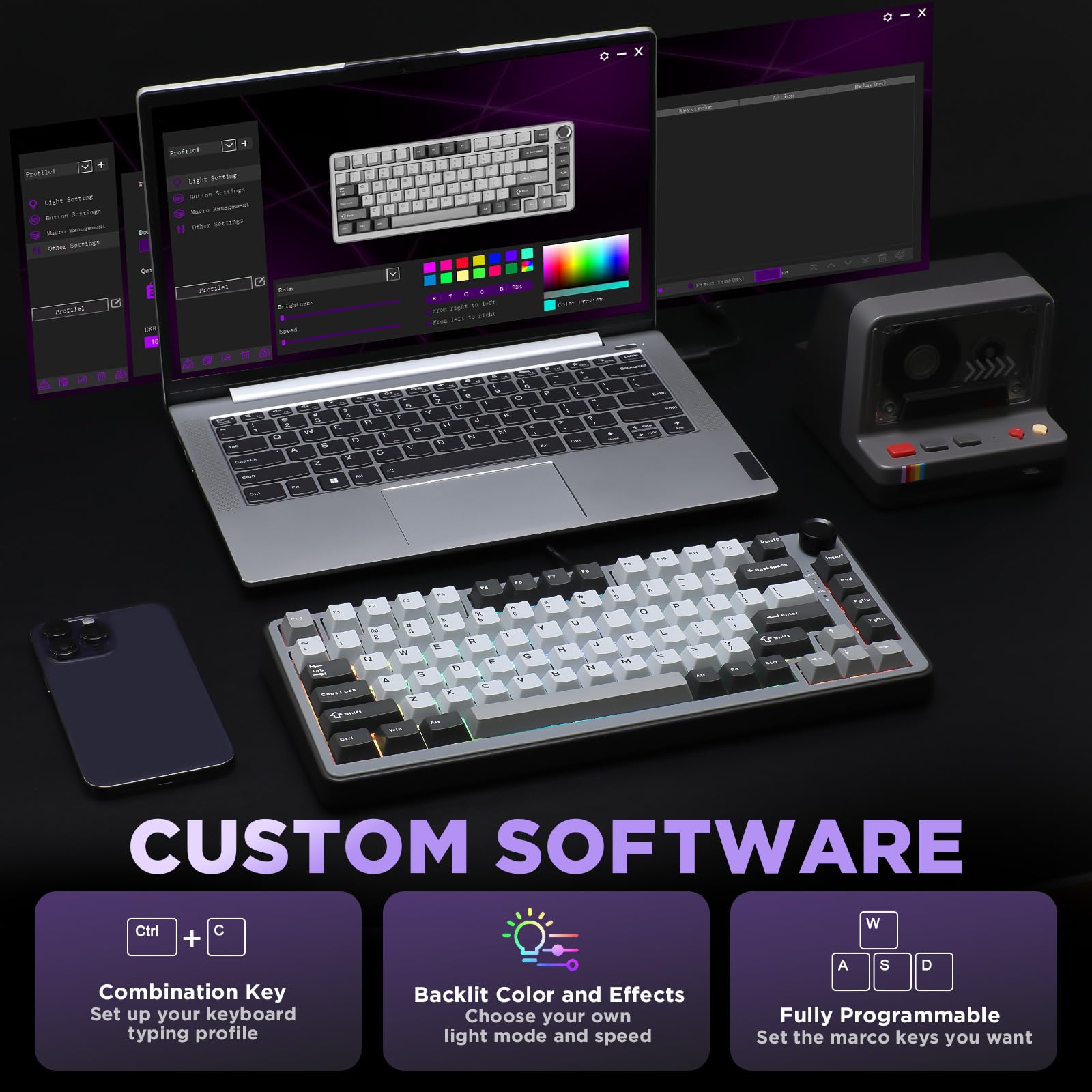 YUNZII B75 Teclado Mecánico,75% Teclado Hot Swappable,Teclado de Juego con Knob,RGB Backlit Gasket Gaming Teclado con Double-Shot PBT Keycaps,Cherry Profile (Dark Grey, Cocoa Cream v2 Switch)