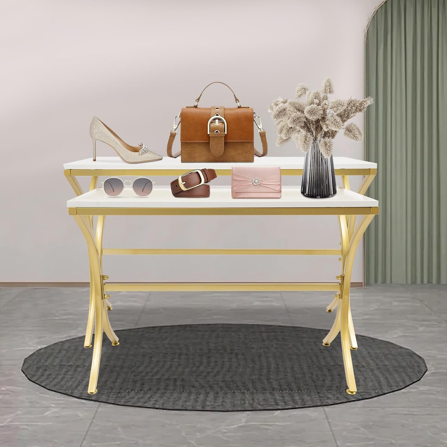 Metal Shoe Handbag Display Stand, Nesting Tables 2 Piece Set, Display Riser Shelf for Retail Stores (Wood, Steel Tube)