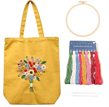 Canvas Tote Bag Embroidery Kit for Beginners Adults, Stamped Embroidery Starter Kits with Flower Pattern, Arts DIY Crafts Cross Stitch Canvas Bag with Hoop Needles Color Threads Instruction, Yellow