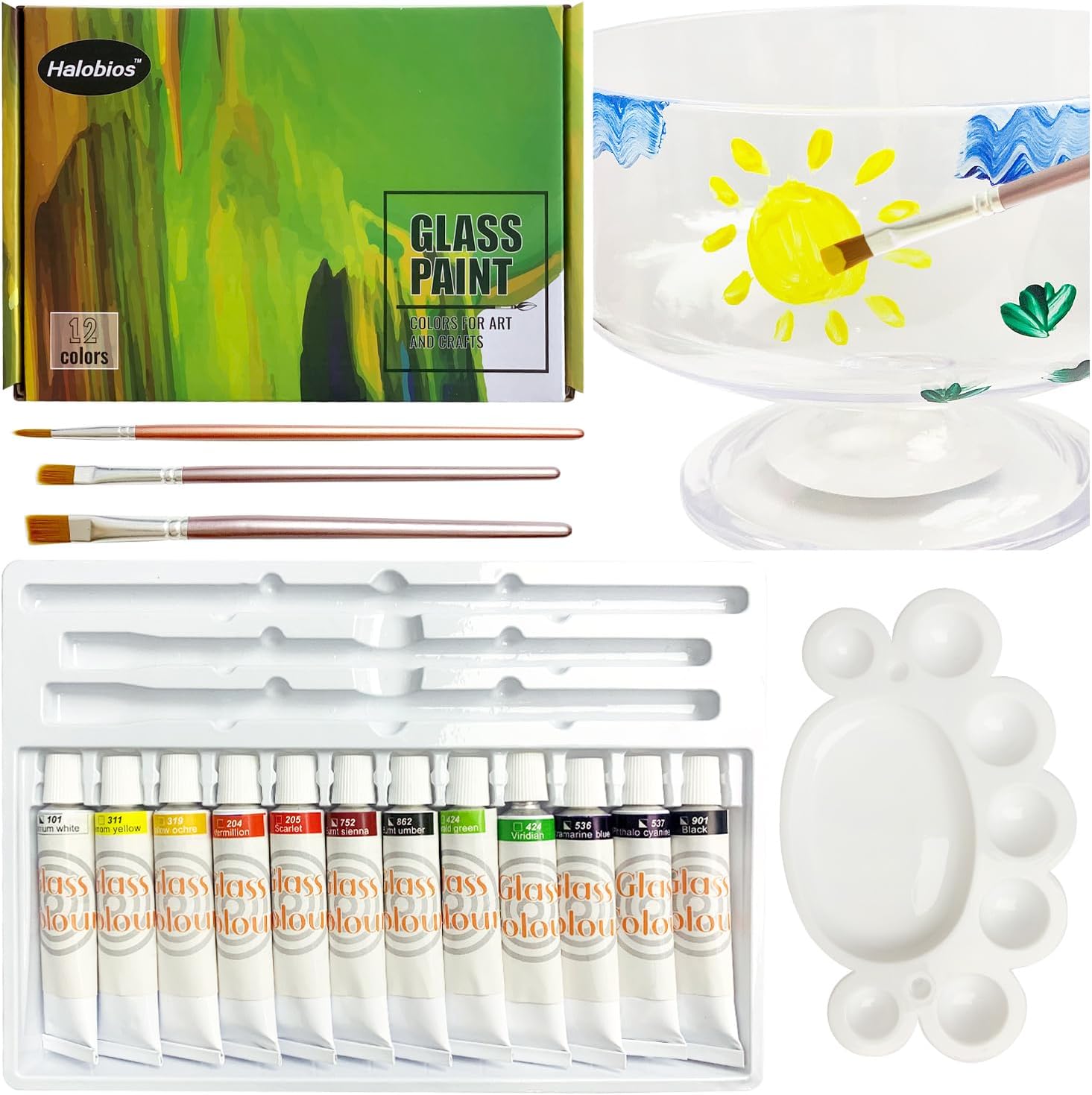 Halobios 12 Color Glass Paint, Non-toxic High Saturation Color Glass Pigment, Glasses Paint for Decorative Design, Includes Palette and Brush