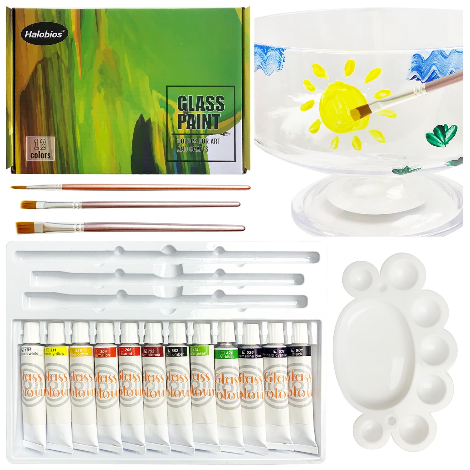 12 Color Glass Paint, Non-toxic High Saturation Color Glass Pigment, Glasses Paint for Decorative Design, Includes Palette and Brush