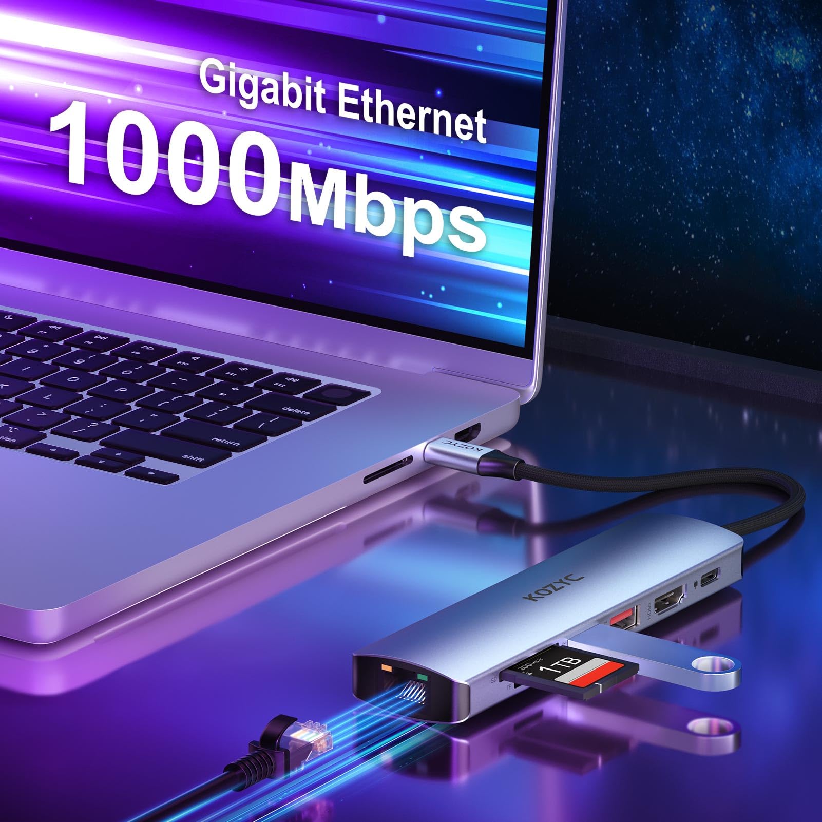 USB C Hub Ethernet Multiport Adapter, KOZYC 7-in-1 USB C Hub avec HDMI 4K@60Hz, 1Gbps Ethernet, 100W PD, 2 USB 3.2 10Gbps, SD/TF Card Slots Port, pour MacBook Air/Pro, XPS13/15, Dell