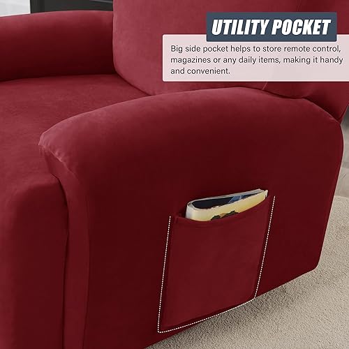 Miniatura 4 de Fundas para sillas reclinables, 4 piezas, funda elástica de terciopelo para sillón individual, protector de muebles suave con bolsillo (carmesí)