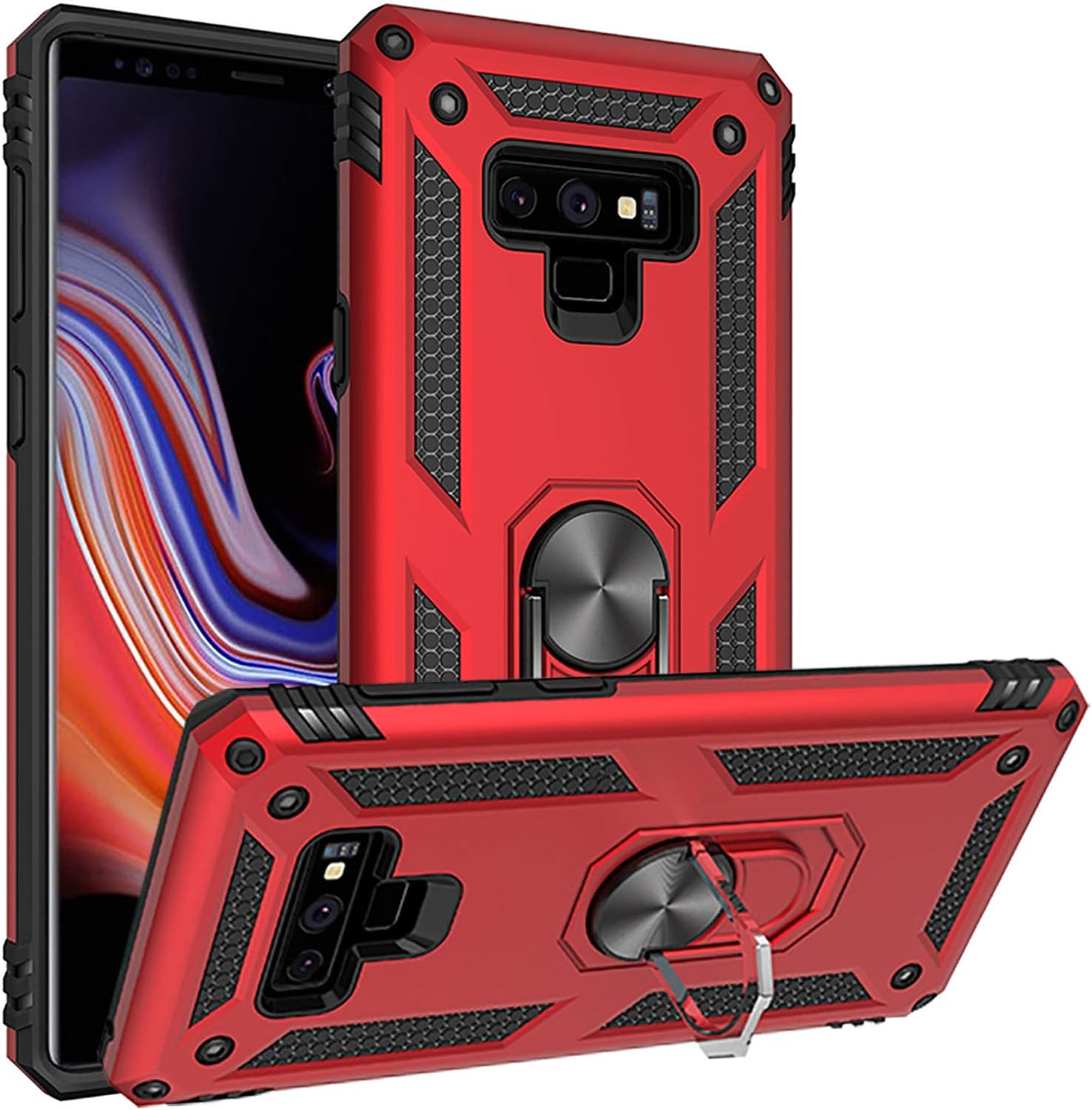Fetrim case Compatible for Galaxy Note 9, Dual Layer Shockproof Protective Phone Case with Rotation Ring Kickstand for Samsung Galaxy Note 9 Red