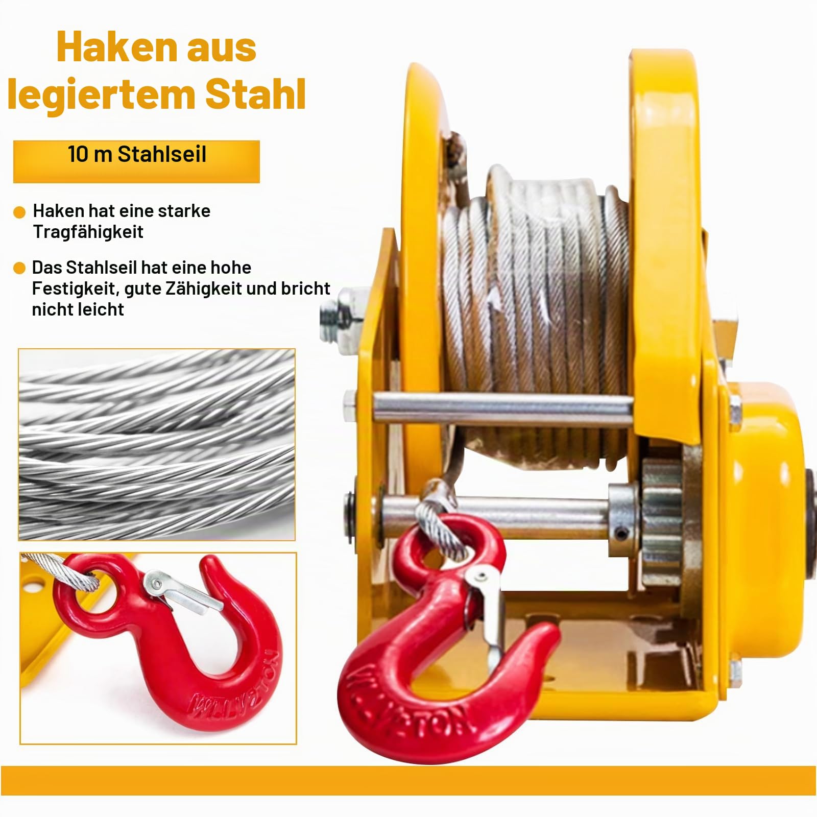 Handseilwinde Profi 1200lbs/2600lbs，2600lbs-10m | Handwinde mit Bremse Klein, Seilwinde Handwinde mit 10m/20m/30m Drahtseil, Forstseilwinde Bootswinde für Ziehen und Heben