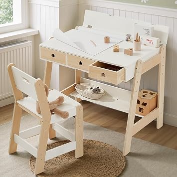 Giant bean Kids Wooden Table and Chair Set, Study Desk and Chair Set with Storage Drawer, White Learning Table with Cabinets for Boys and Girls Ages 3-12 Years,Suitable for Classroom,Home,Playroom