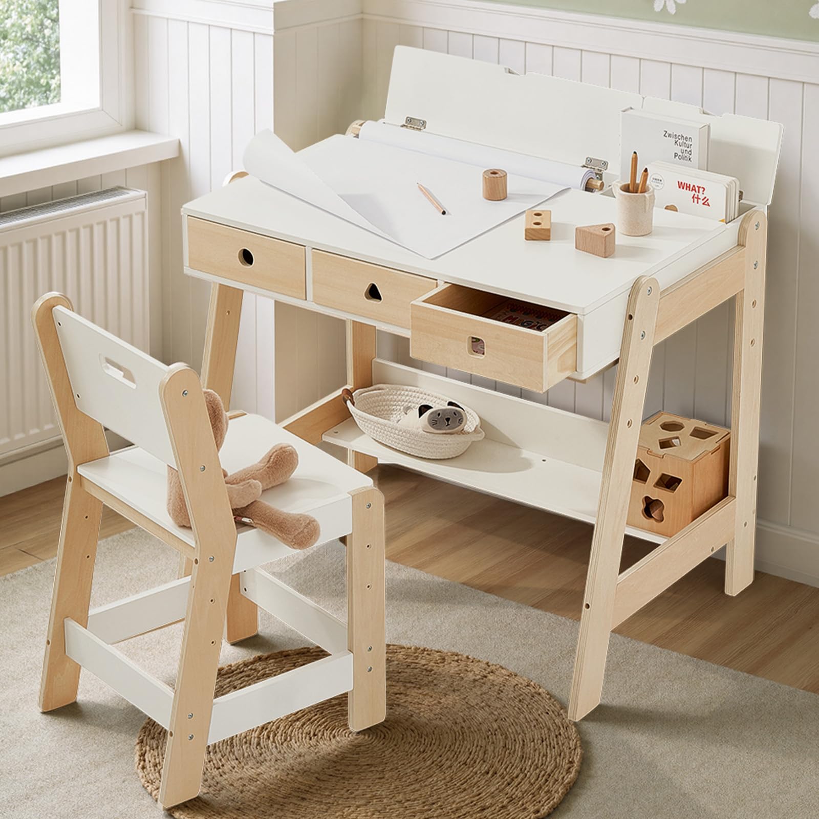 Kids Table And Chair Set Wooden Activity Table With Storage Space