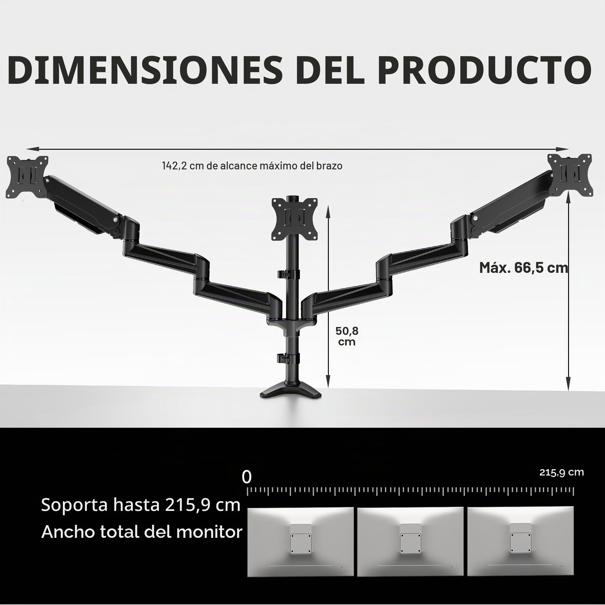 HUANUO Soporte Triple Monitor para 3 Pantallas de 17-32 Pulgadas, Brazo Triple Monitor Ajustable con Capacidad de Peso 8kg, Soporte para 3 Monitores con 2 Opciones de Montaje, VESA 75x75 100x100