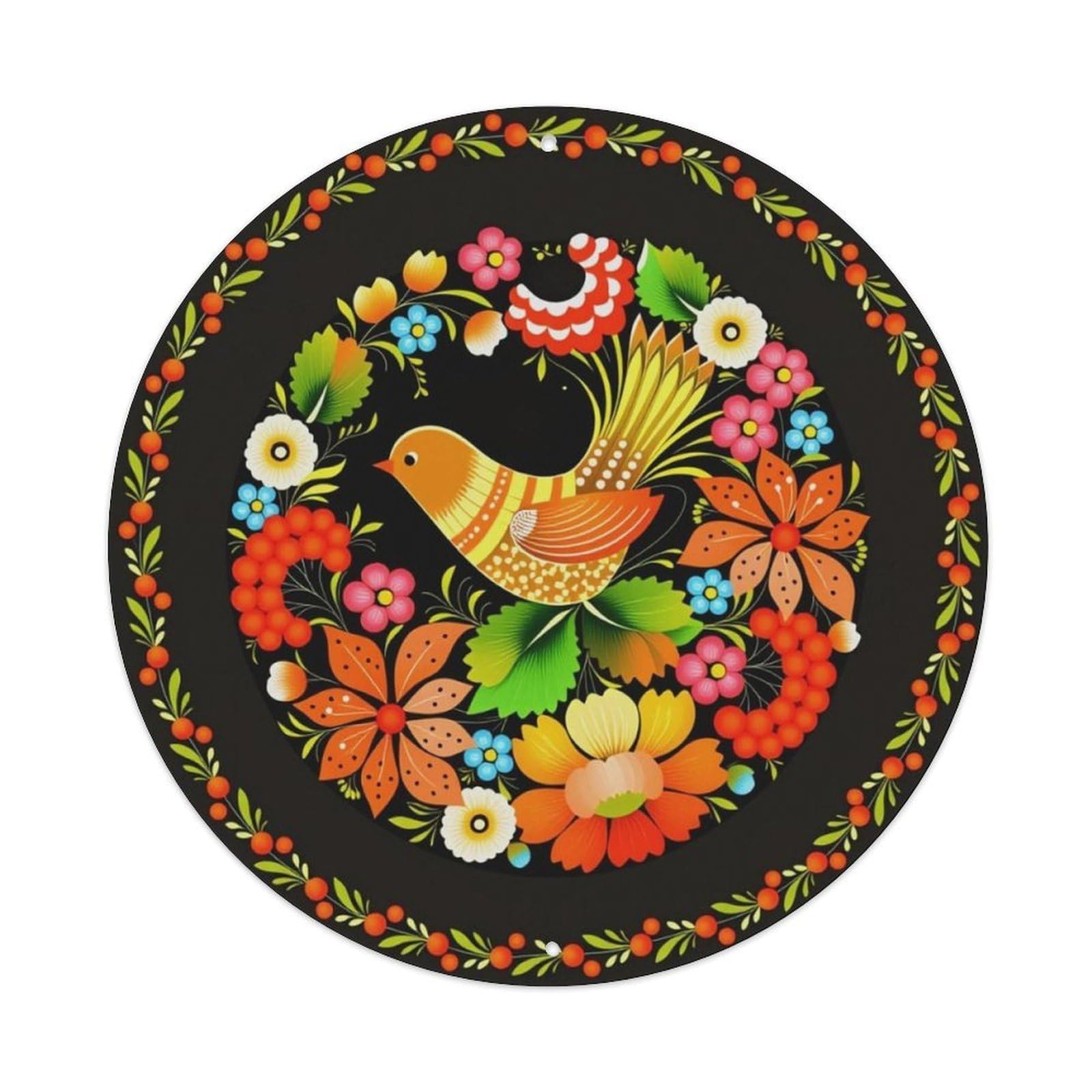 Russian Folk Floral Bird Berry Vintage Round Wall Decor Sign Vintage Aluminium Metal Sign, Retro Wall Decor for Home, Bar, Garage & Farmhouse 20x20cm