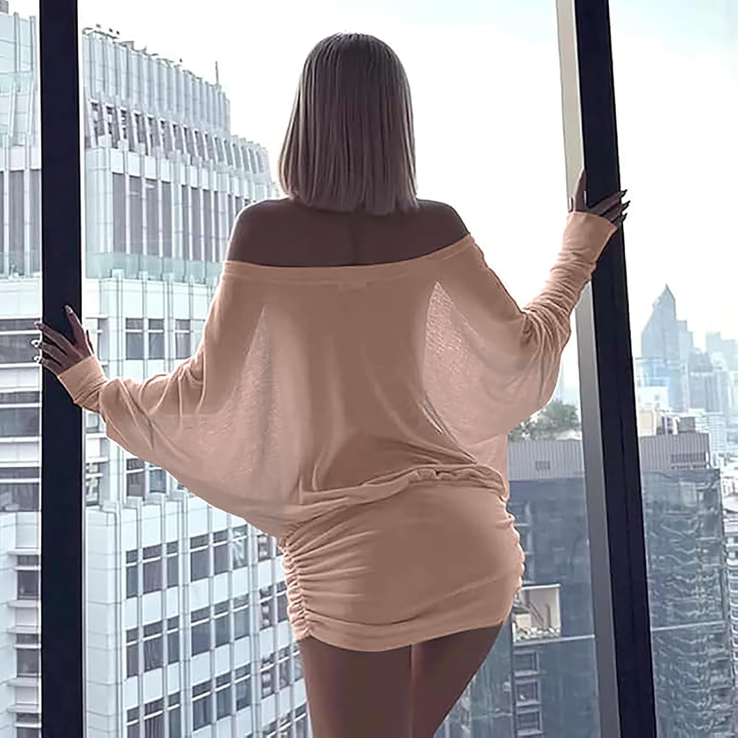 Ophestin Off The Shoulder Batwing Dress for Women Ruched Casual Going Out Long Sleeve Mini Dresses Loose - Image 5