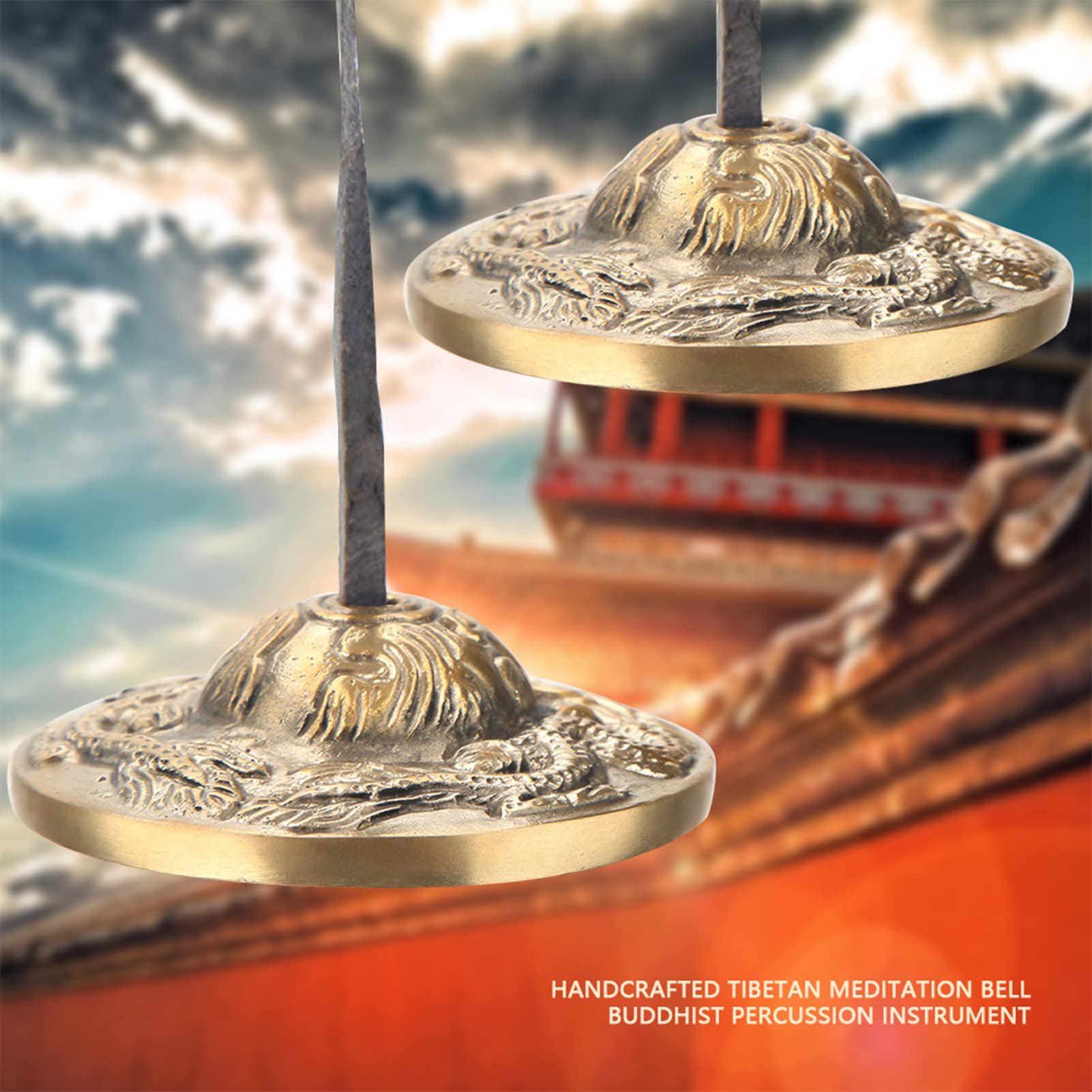 Qcwwy Campana Tibetana, Strumenti a Percussione Buddisti Campanelli Buddisti Tibetani Campana Piatti Tingsha per Meditazione Yoga Pratica Zen Terapia del Suono Guarigione(Motivo a Doppio Drago)