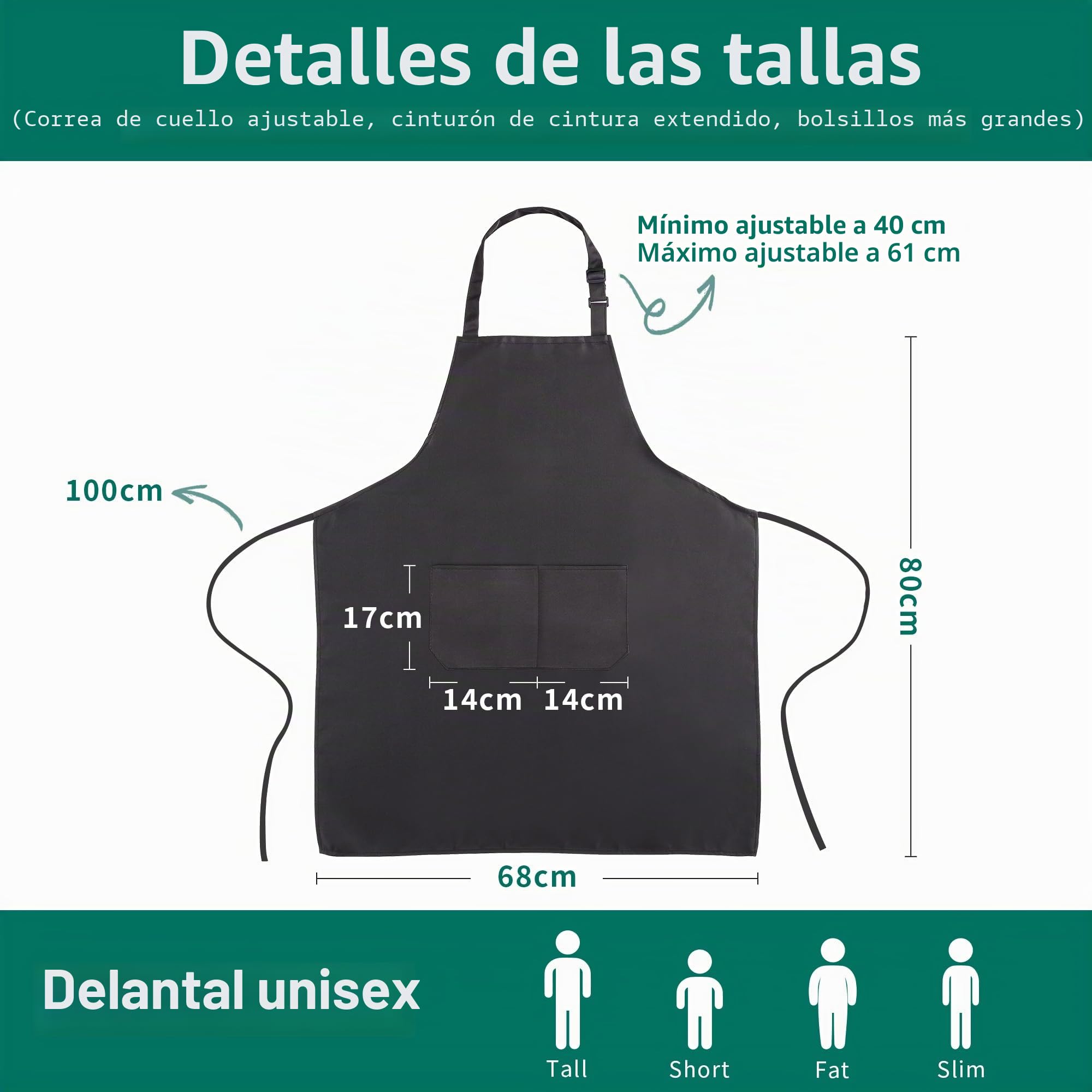 Set de 4 Delantales Cocina Hombre Mujer (68x80 cm), Delantal Impermeable con 2 Bolsillos Grandes, Delantal Personalizado Ajustable para Cocina, Barbacoa, Jardín y Camarero