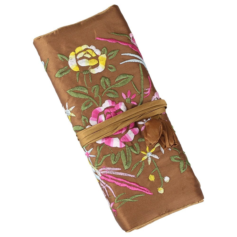 Schmuck Organizer Tasche für Ringe/Schmuckaufbewahrung Organizer/Gestickte Schmuckrolle/Schmucktasche Tragbare für Reisen/Faltbare Schmuckaufbewahrung.1 Stück, Braun