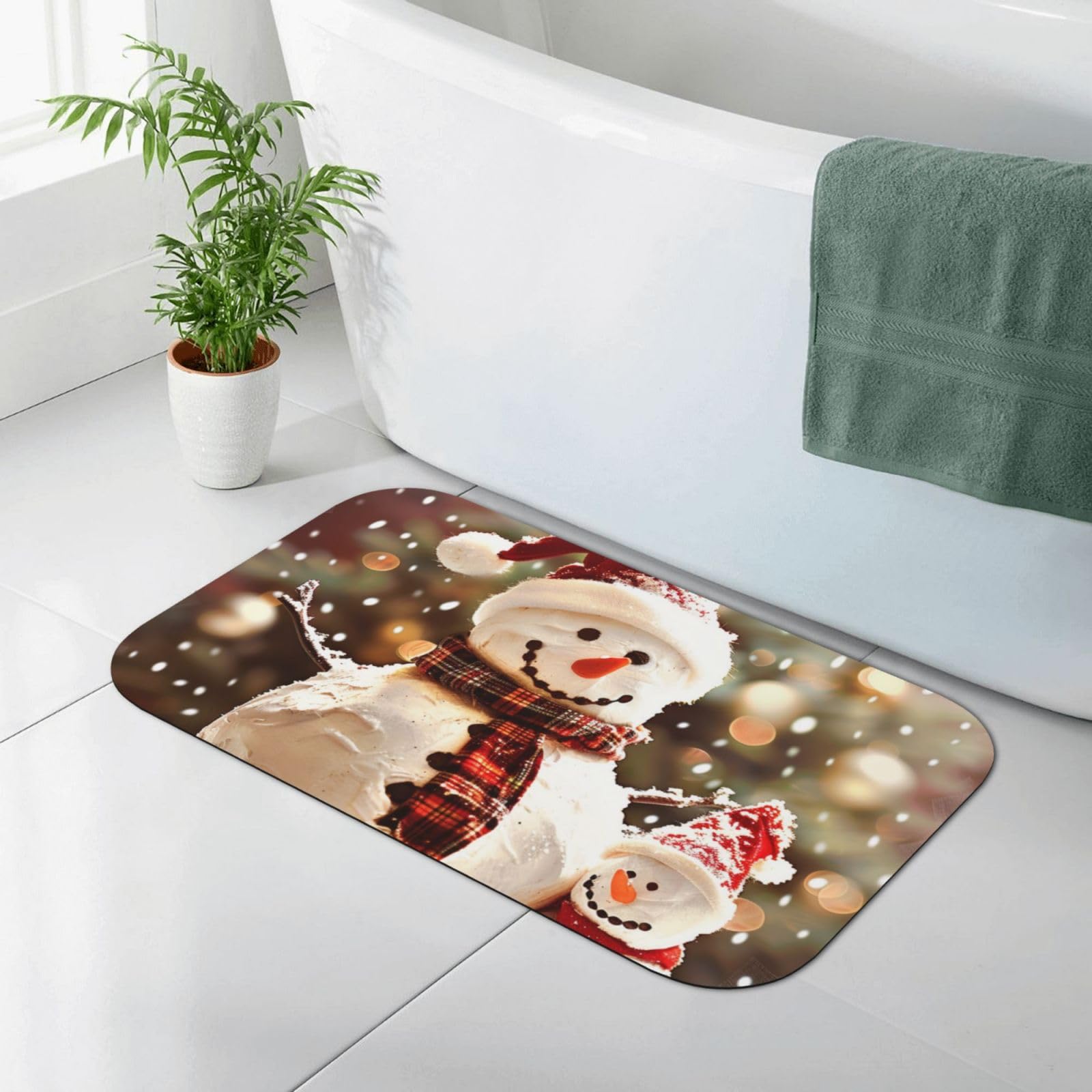 Tapis de bain anti-glisse contre les sols mouillés motif bonhomme de neige 80x50cm