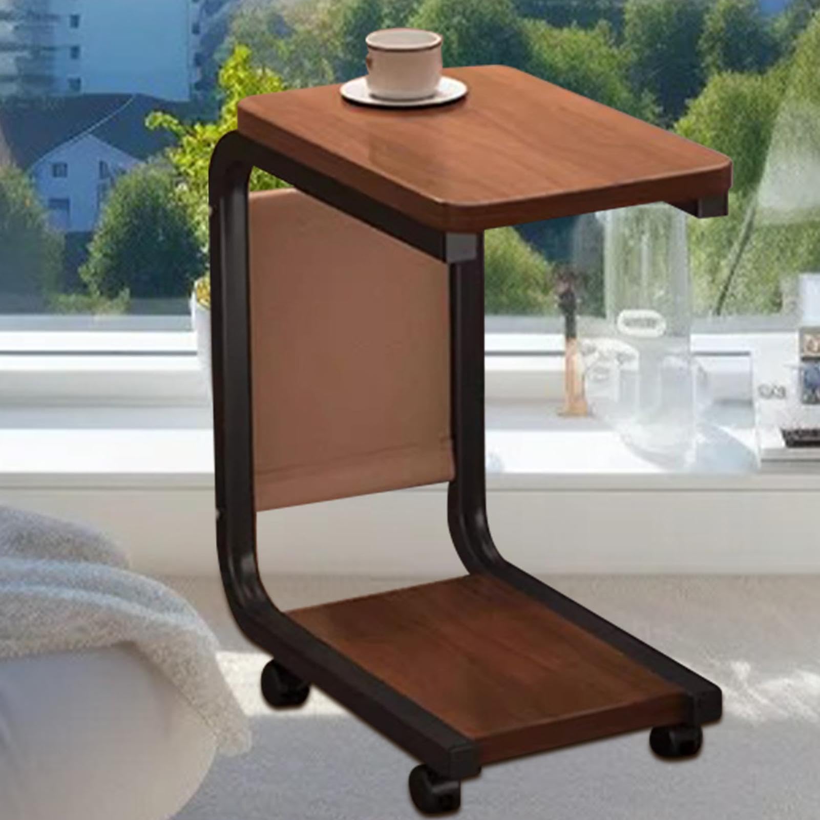 C-Sd - Mesa auxiliar rodante, mesa C de doble capa con ruedas, versátil mesa auxiliar pequeña para sala de estar y dormitorio, elegante mesa móvil para sofás y sillas