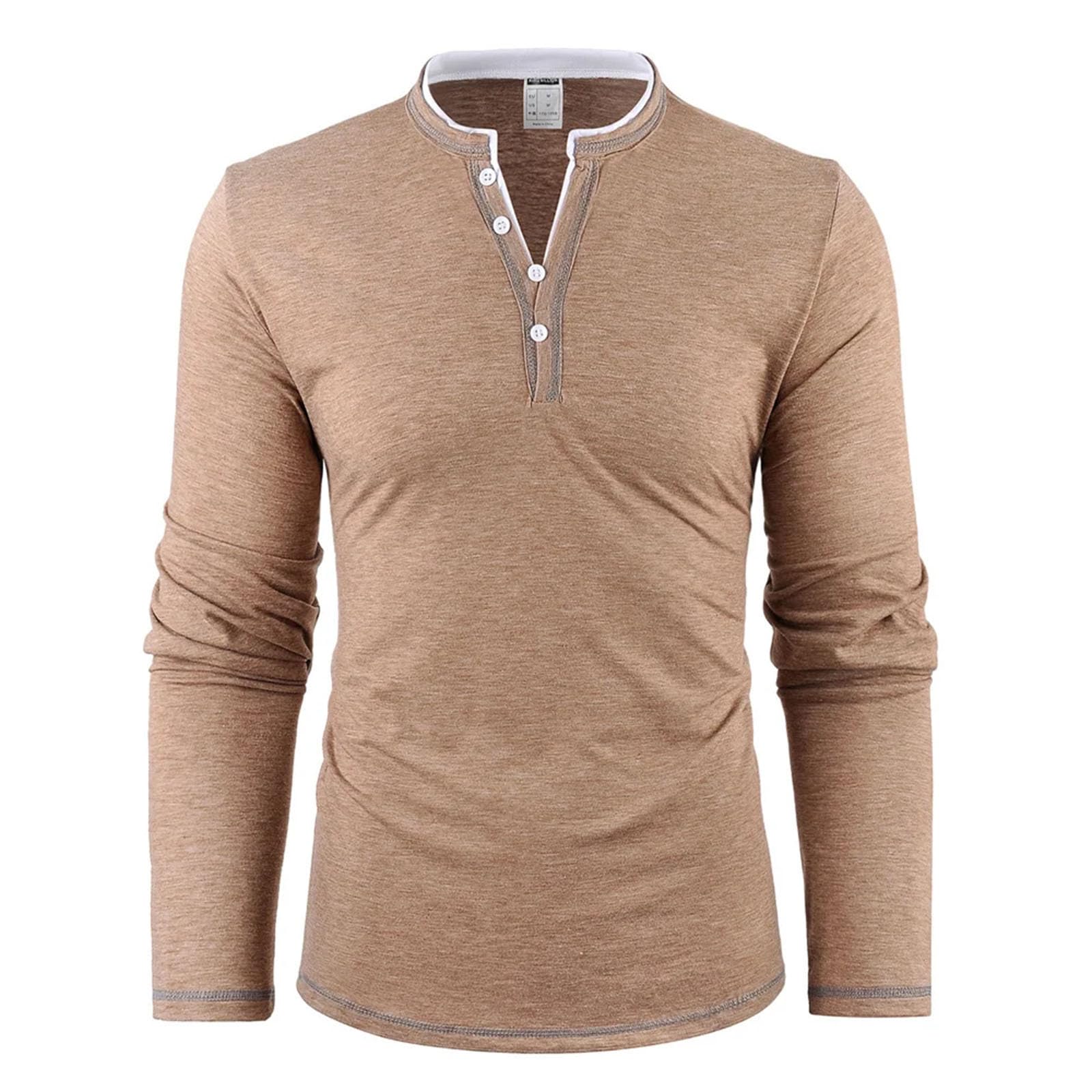 Maglietta da uomo a maniche lunghe, tinta unita, con bottoni, scollo a V, in morbido cotone elastico, traspirante, alla moda