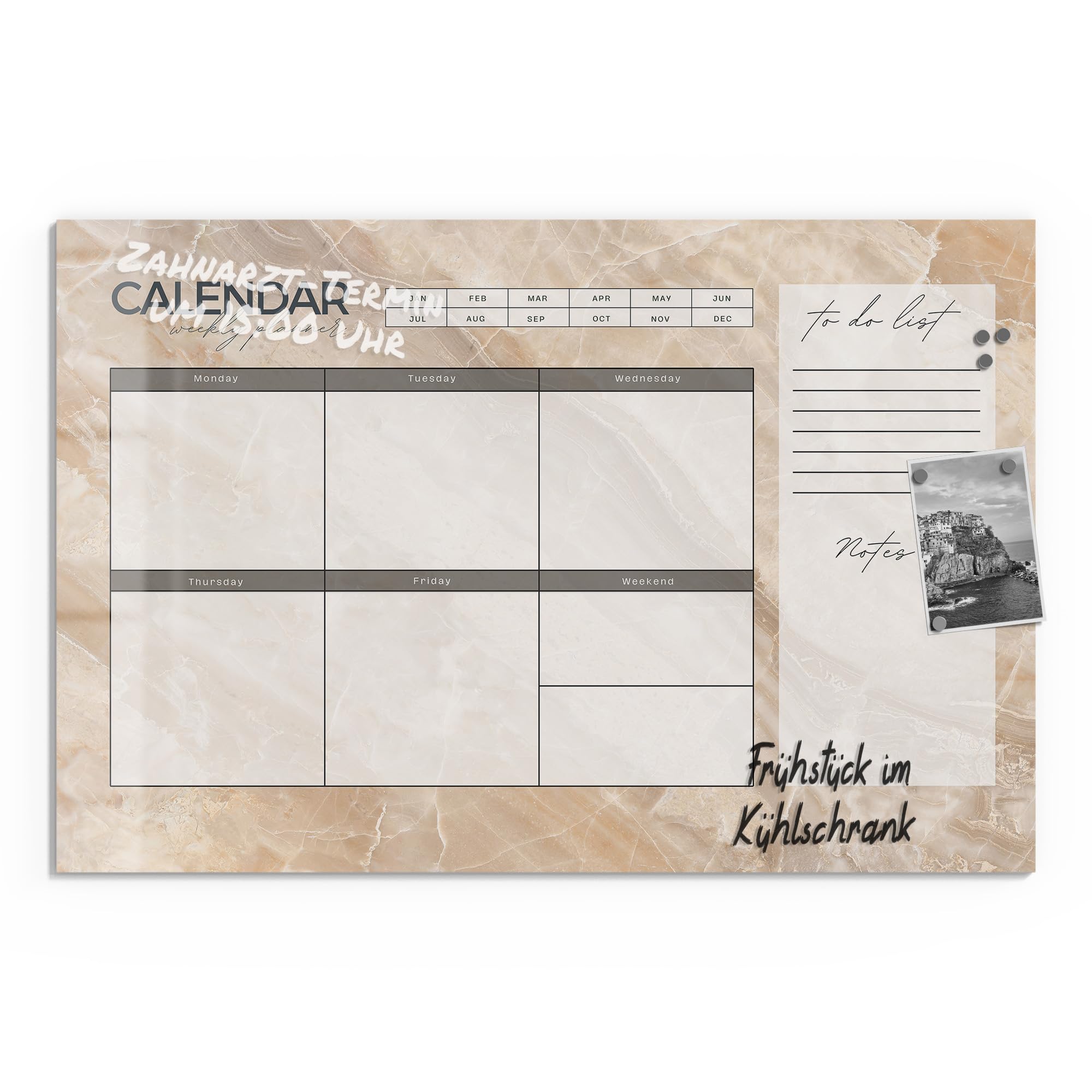 DEQORI Lavagna magnetica in vetro | 90 x 60 cm | motivo "Agenda settimanale elegante (EN)" | Lavagna magnetica con magneti, penna e panno per cucina e ufficio, lavagna magnetica e scrivibile