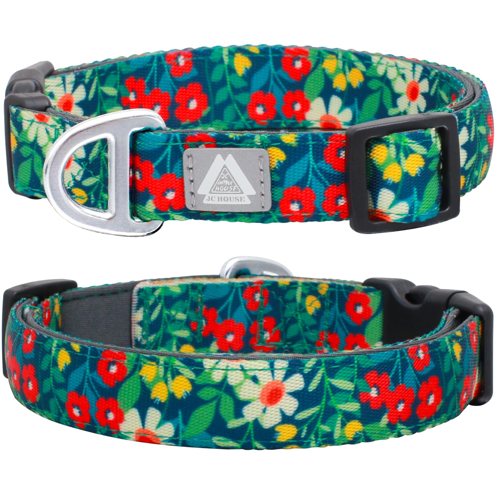 JC HOUSE Medium Dog Collar with Reflective Logo and Soft Padded Neoprene,Floral Print Design, Adjustable,Lightweight & Durable, Neck Size 12’’-20’’ (