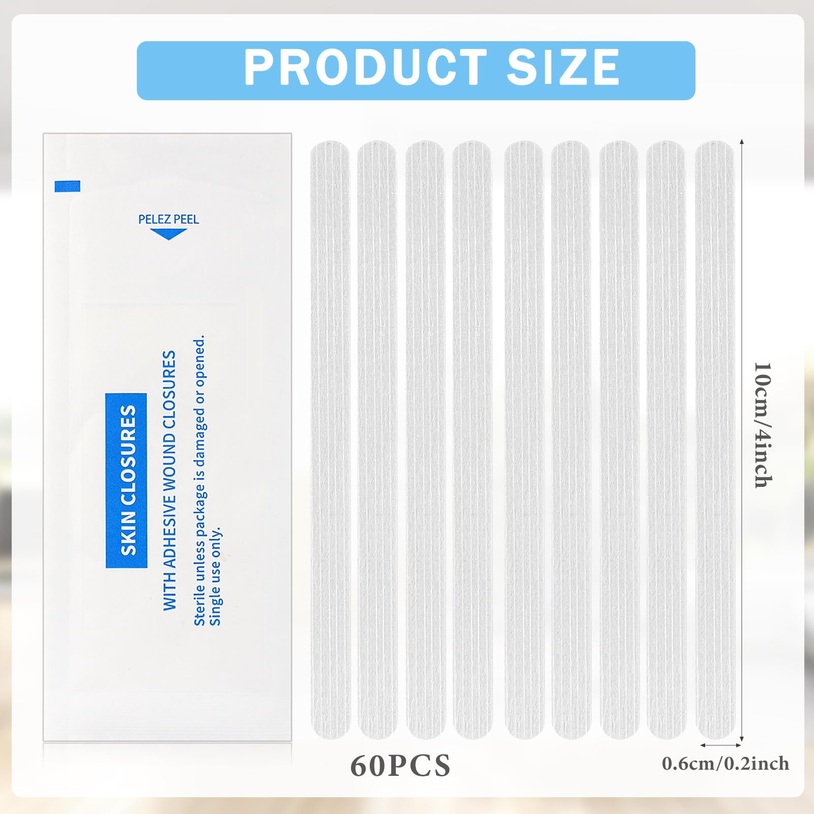 Timgle 60 Skin Closure Strips Adhesive 1/4 x 4 Inch/ 6 x 100 mm for Closing Supporting Cuts Suture, 12 Packs of 5 Strip