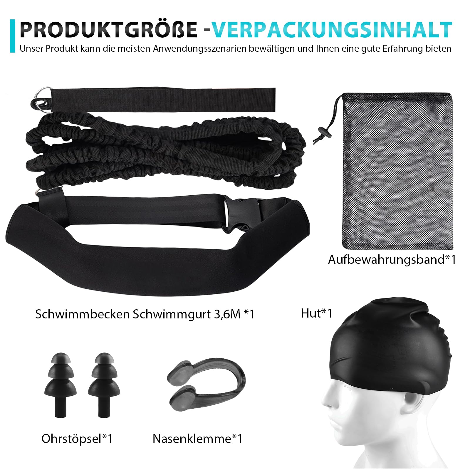 Schwimmgurt für Pool 3.6M Schwimmtrainer, Einstellbare Schwimmgürtel Geeignet für Jedes Pool Ohne Gegenstromanlage, Erhöht Kraft und Ausdauer für Kinder Erwachsene