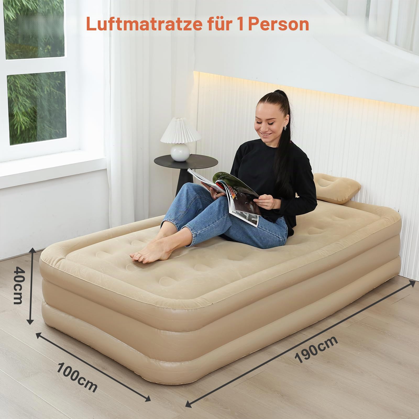 Luftmatratze Selbstaufblasend 1 Person, Luftbett, Gästebett mit Eingebauter Elektrischer Pumpe, 3 Min. zum Aufblasen/Entleeren, Aufblasbares Bett für Camping & Zuhause, 190×100×40 cm