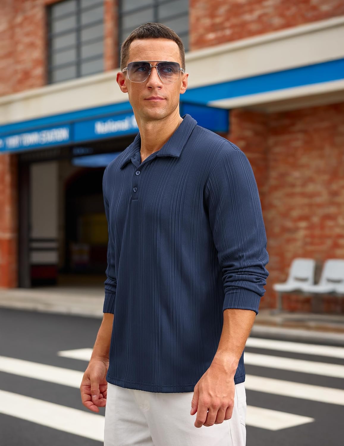 Uni Clau Mens Long Sleeve Button Down Polo Shirt Ribbed Stretch Polo T Shirt Casual Fashion Golf Shirts - Image 6