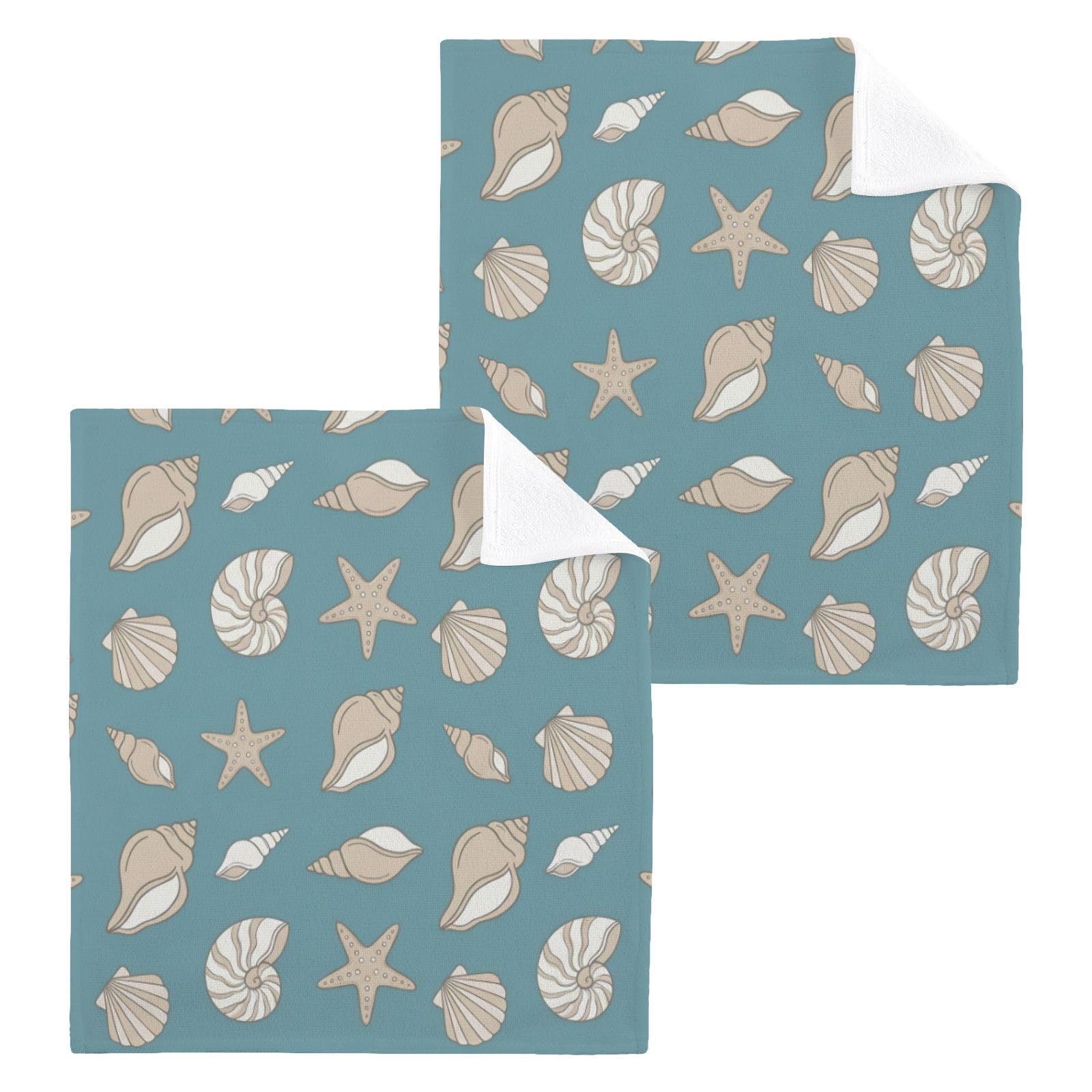 BOESI Neutral Teal Seashell 12x12in Cotton Washcloth,Face Towel