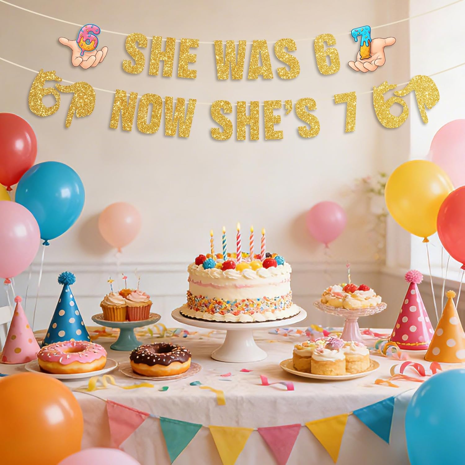 6 7 Birthday Decorations,SHE WAS 6 NOW SHE'S 7 Birthday-Decorations Banner,67 Birthday Decorations,Icecream Banner, Funny 6 7 Birthday-Theme Party Supply -I WAS 6 NOW I'M 7 Birthday-Decorations - Image 2