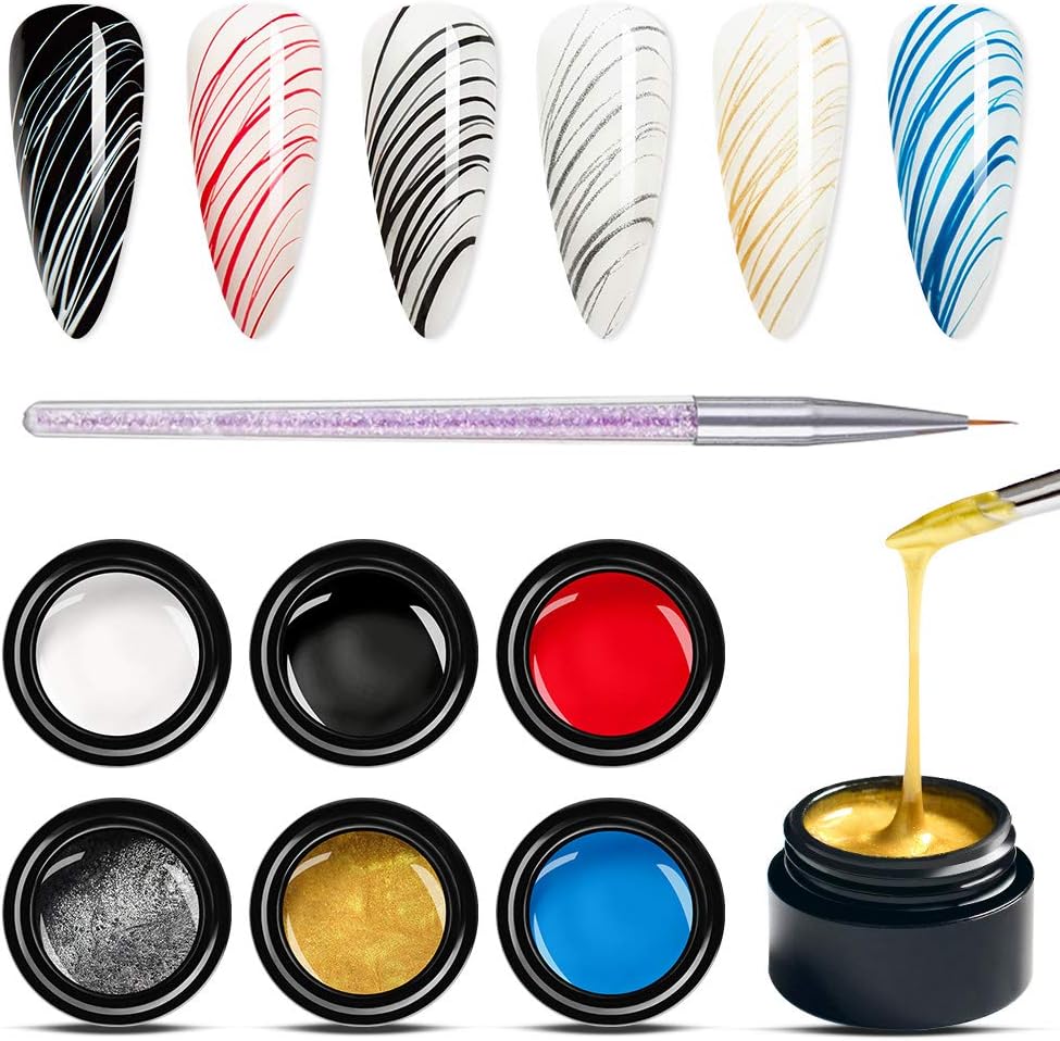 6 Colors Spider Gel, Painting Elastic Drawing Spider Gel for Nail Art, Soak off UV LED, Drawing for Line, DIY Nail Art Manicure with Brushes