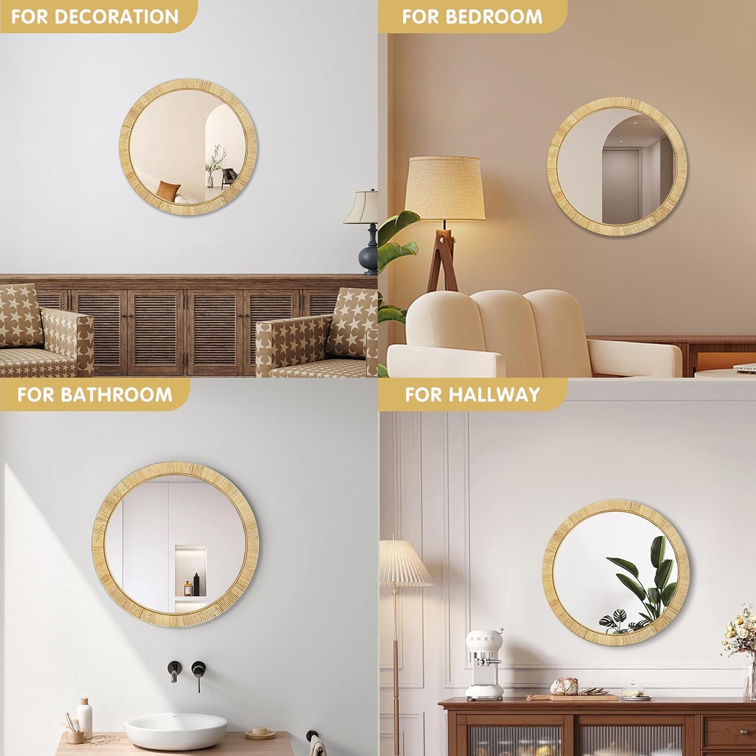inoseen Decorative Rattan Wall Mirror, Boho Bathroom Modern Makeup Mirror, Rustic Wall Bohemia Mirrors for Bedroom, Living Room, Vanity Versatile Farmhouse, Nursery, Bathroom, 24"x24", Round Product Image 3