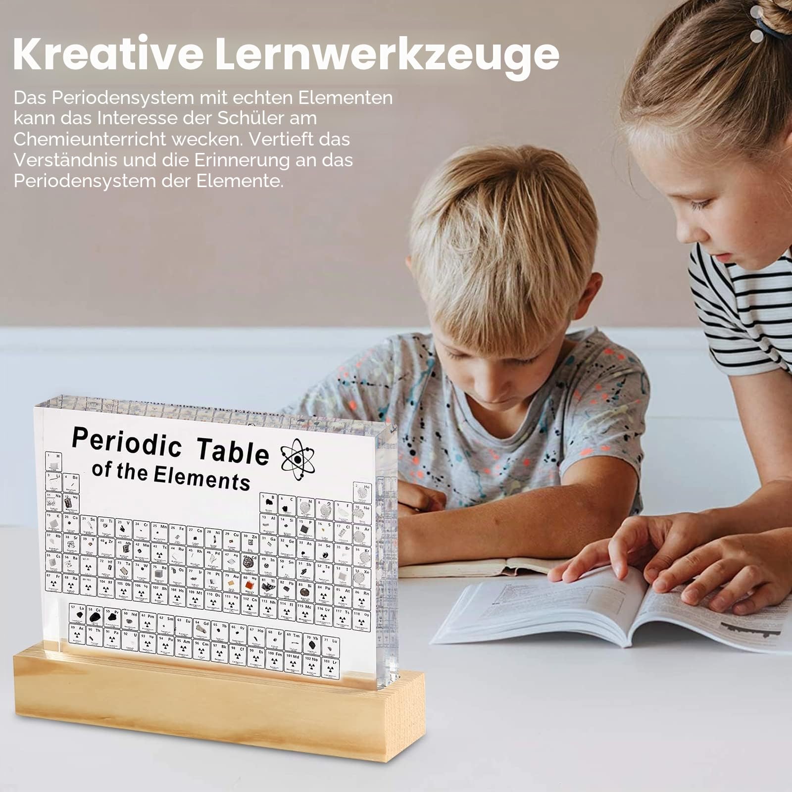 Periodensystem mit Echten Elementen Im Inneren,Acryl Periodic Table of 83 Elementen,Proben Periodensystem Geschenk für Schüler Lehrer Desktop Dekor (Periodensystem der Elemente mit LED-Lichthalter)