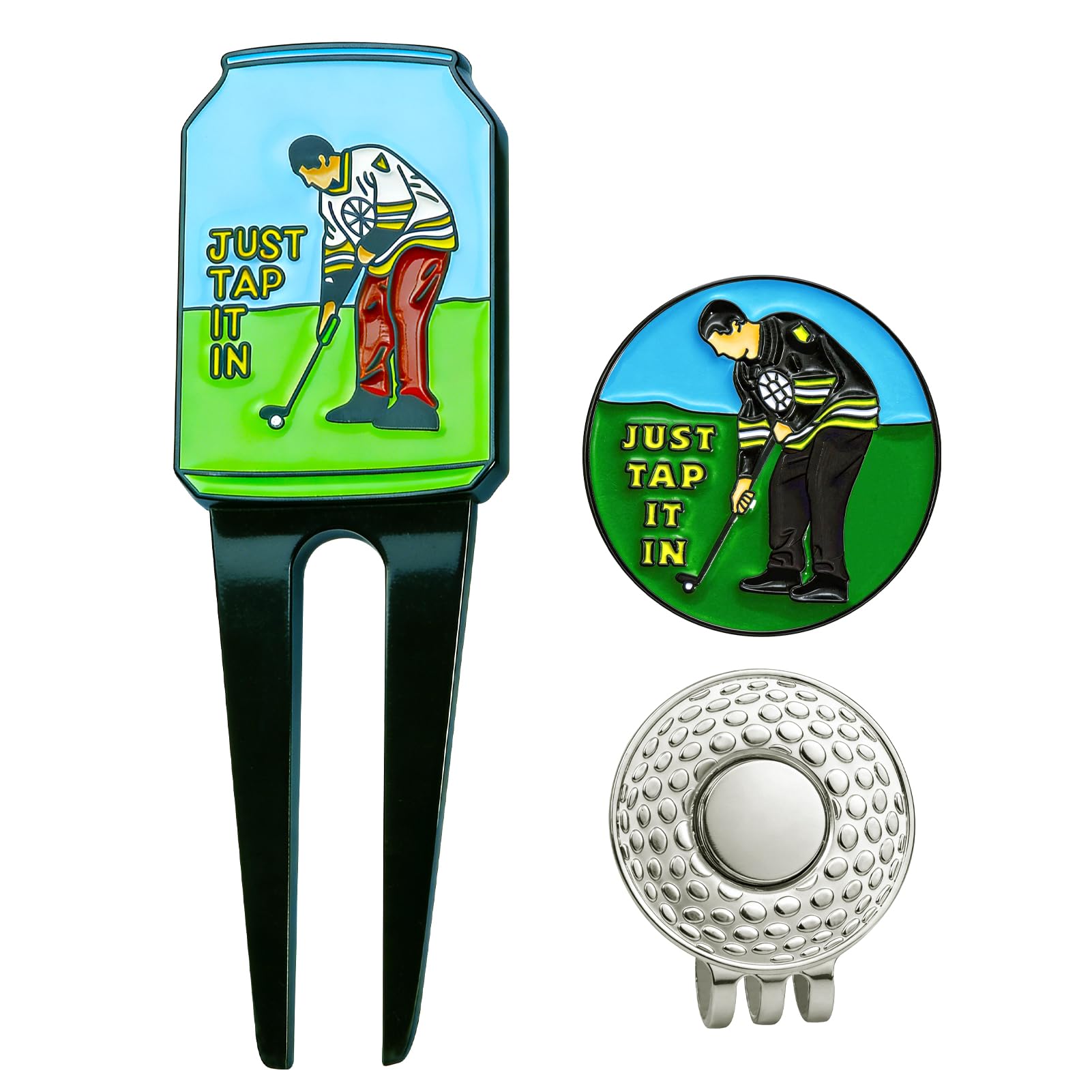 Ball Marker Set & Golf Divot Repair Tool, Interesting Magnetic Hat Clip Durable Metal Ball Markers for Putting Green Turf Repair Pitch Mark Repairer Accessories Funny Golf Gifts Birthday Father's Day