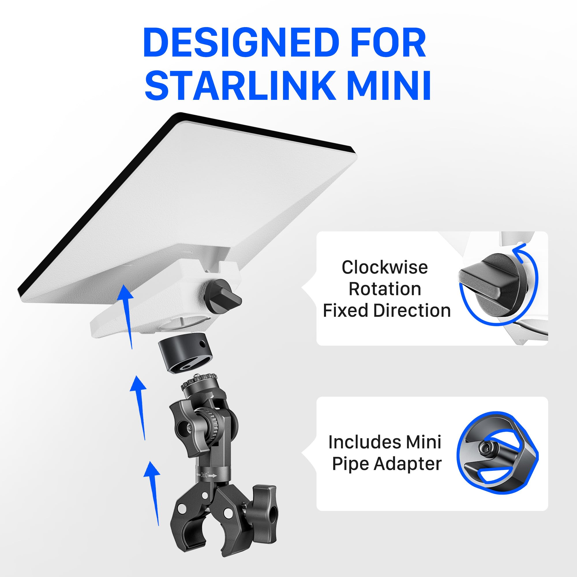 Starlink - Mini soporte para autocaravanas, yates y camping, aluminio, plata, anodizado, montaje en techo, 8 abrazaderas finales, 30 cm de profundidad