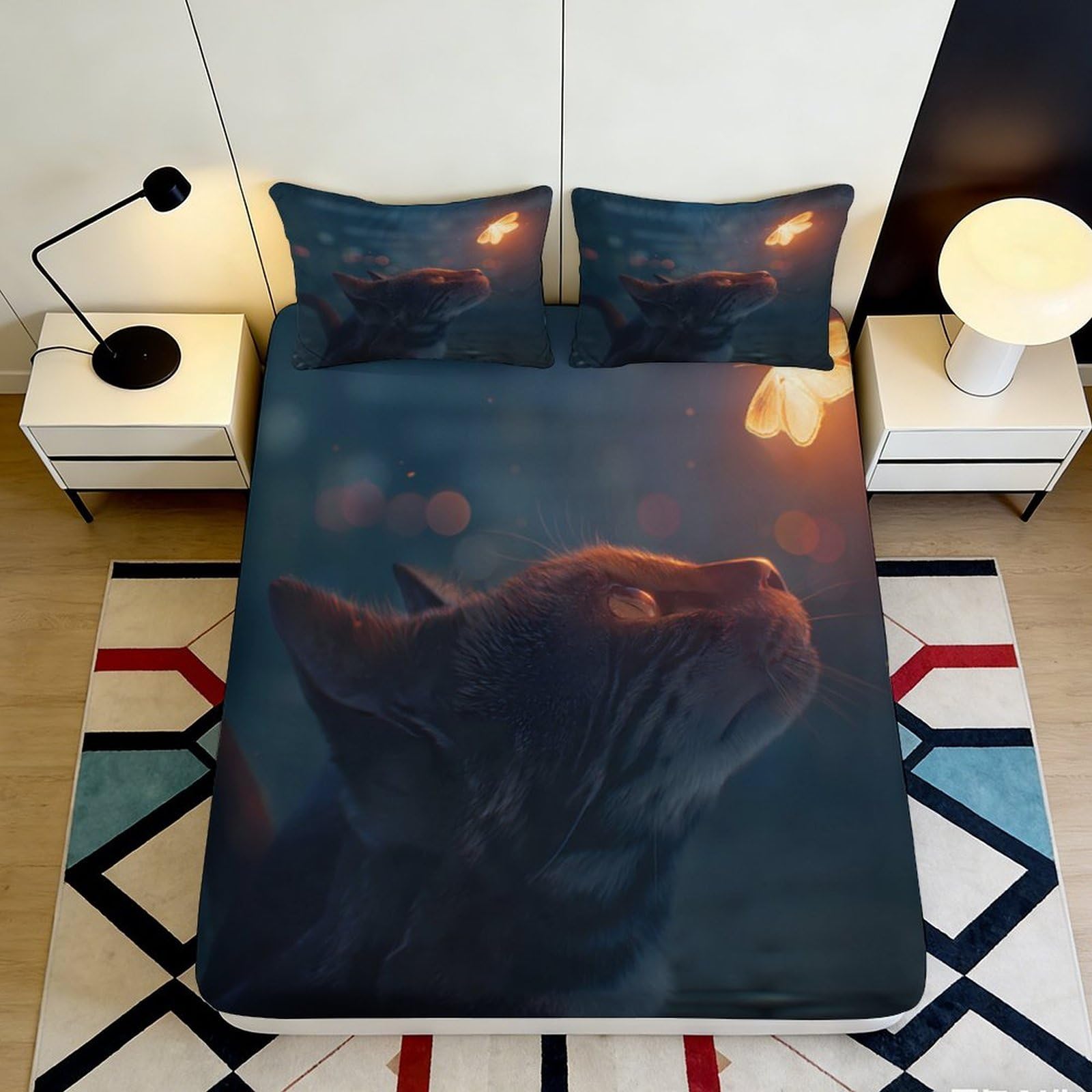 3D Printed Fire Cat Fitted Sheet Microfiber Dark Art Night Sky Mattress Cover for Bedroom Dorm Easy Care 90x200x25cm