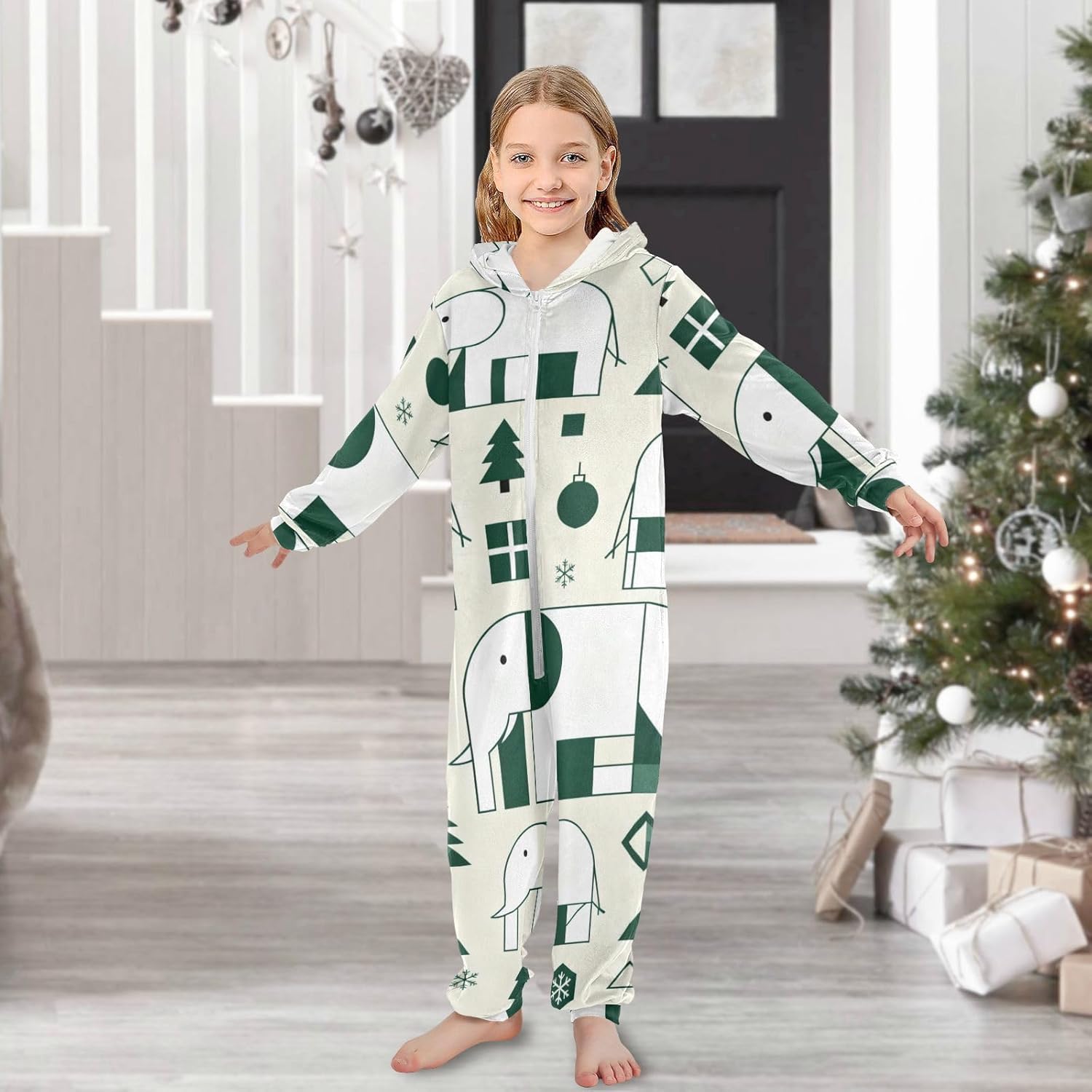 Geometric White Elephant GreenOnesie PajamasSoft Casual Hooded One-Piecing Sleeper PJSfor Christmas Home