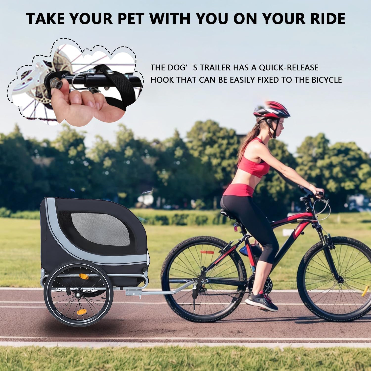 Folding Dog Bike Trailer Large Small Breed,Universal Dog Trailer for Bike,Quick Release Wheel,Washable Non-Slip Lining,D-Ring Leash, 20”Air-Filled Tires,Warning Flag,120lb Capacity