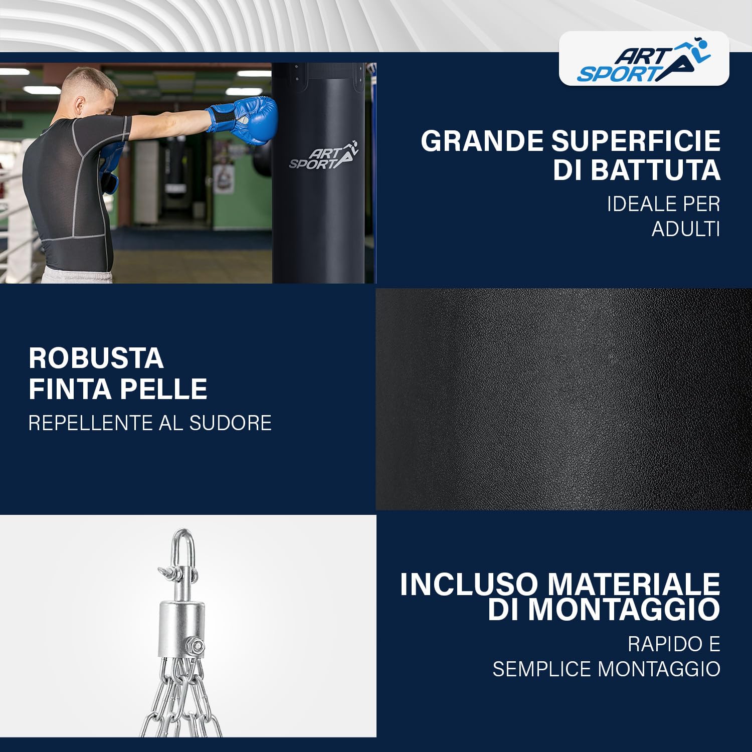 ArtSport Sacco da Boxe - Kit con Catena in Acciaio & Girella - Sacco da Pugilato Sospeso per Boxe & Kickboxing
