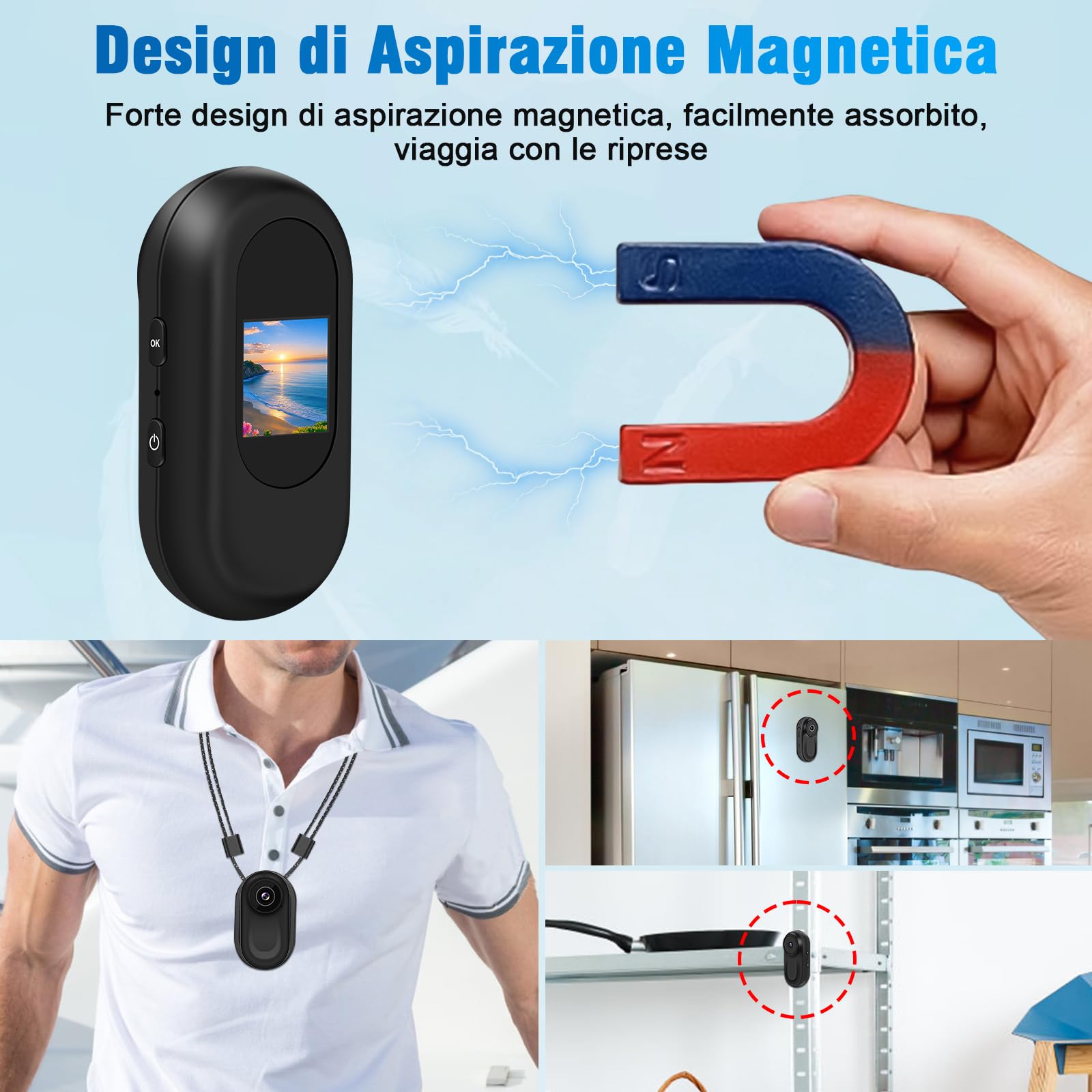 Action Camera 1080P, Fotocamera Sportiva Mini con Visione Notturna 150°, Telecamera Sportiva Magnetica IPX4, Kit Accessori per Casco/Bici/Moto, Schermo LCD + Gancio 360° Per esterni e vlog