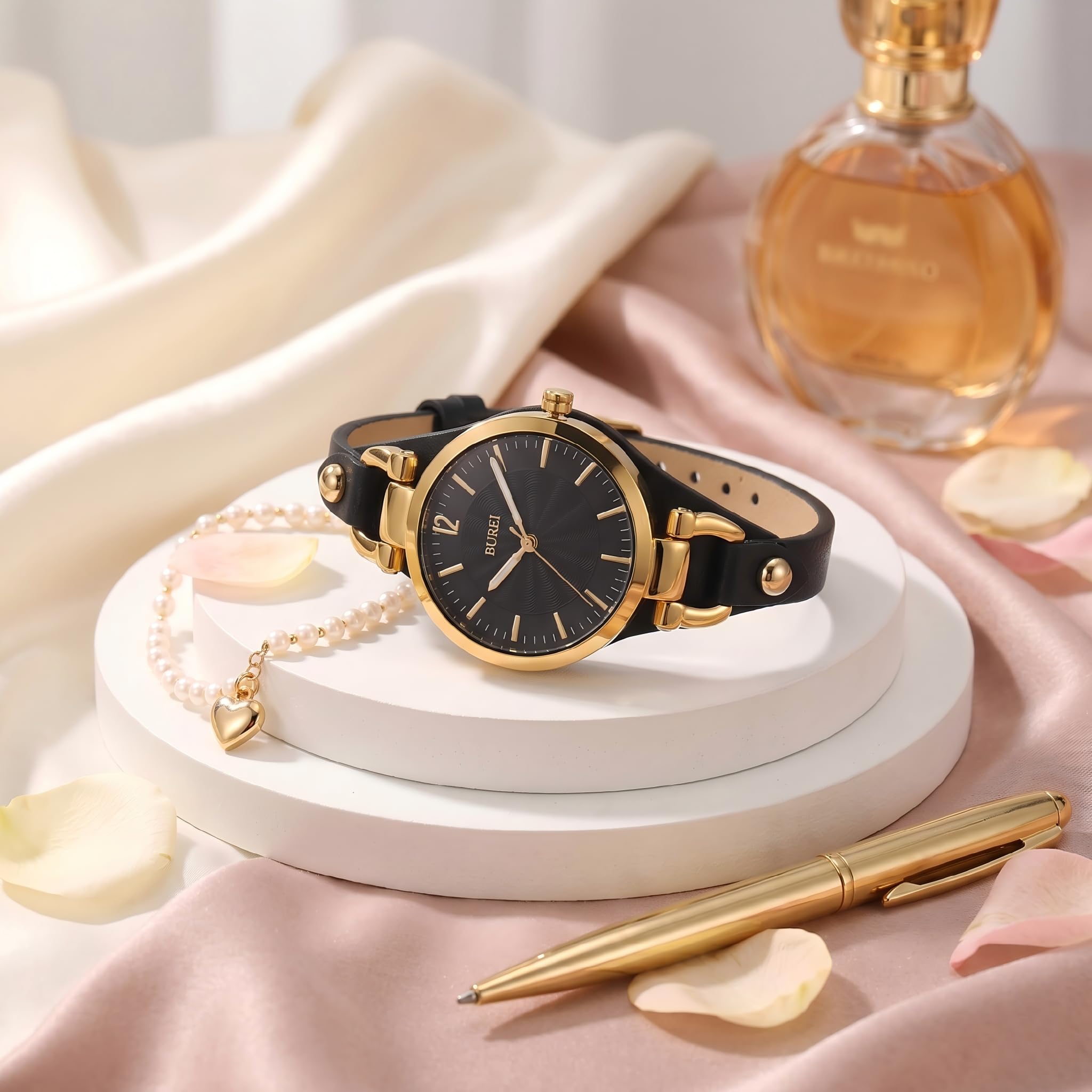 BUREI Relogio Feminino - Orologio da polso da donna, semplice, con cinturino in pelle, di lusso, al quarzo, sottile, con quadrante nero dorato
