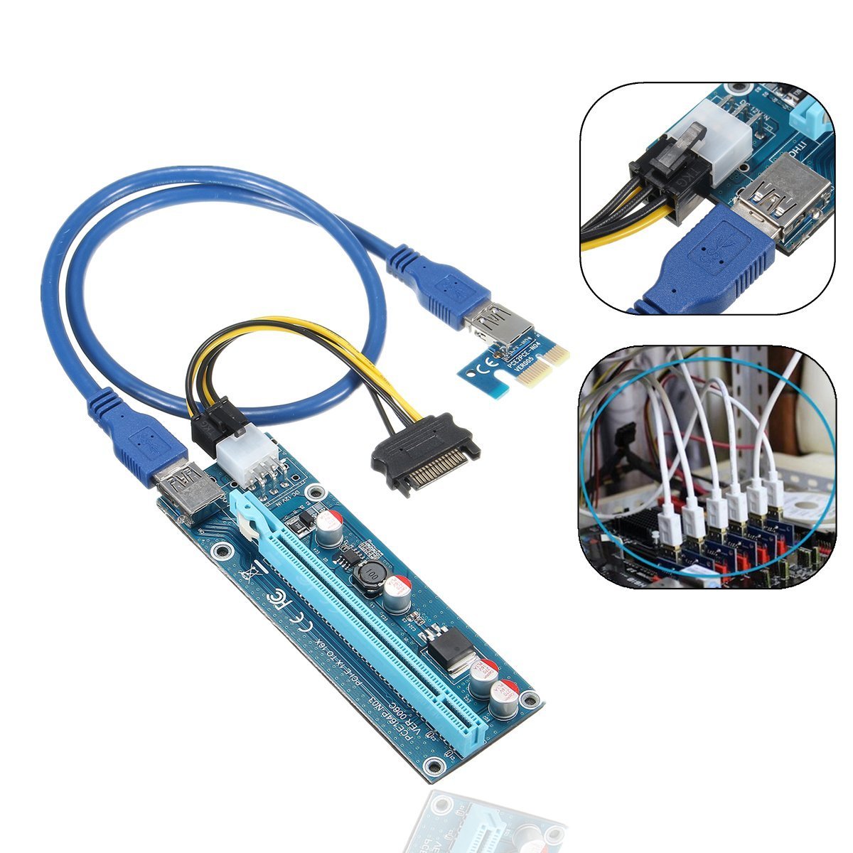 Sata Cable AAA PRODUCTS PCI-E Riser Card Kit – 1x To 16x Extender, USB ...