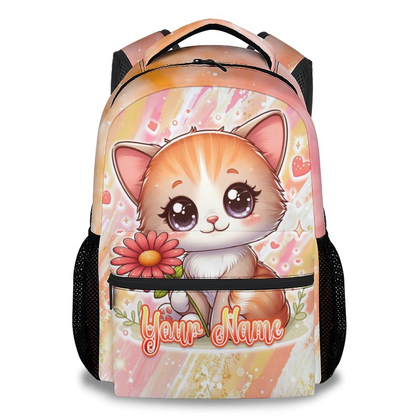 PUREGIFTS Custom Kids Backpack for Kindergarten - 17 Inch Cute Cat Backpacks for Girls - Funny Print Bookbag for Elementary