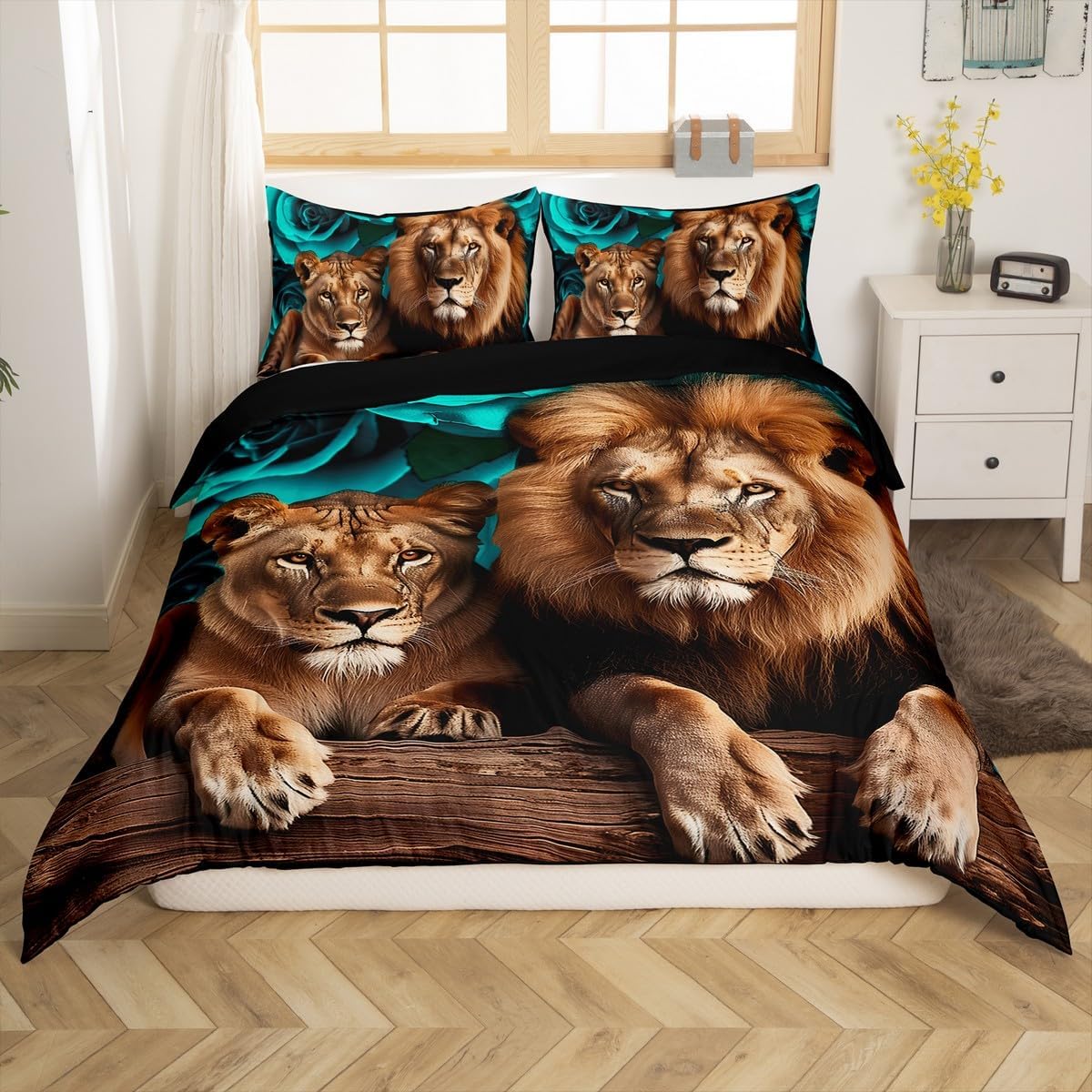 Erosebridal Lion Duvet Cover Teal Turquoise Rose Bedding Set for Women Men,Wild Animal Flowers Comforter Cover Brown Big Cat Fur Hair Bed Set Queen,Woodland Wildlife Romantic Floral Room Decor