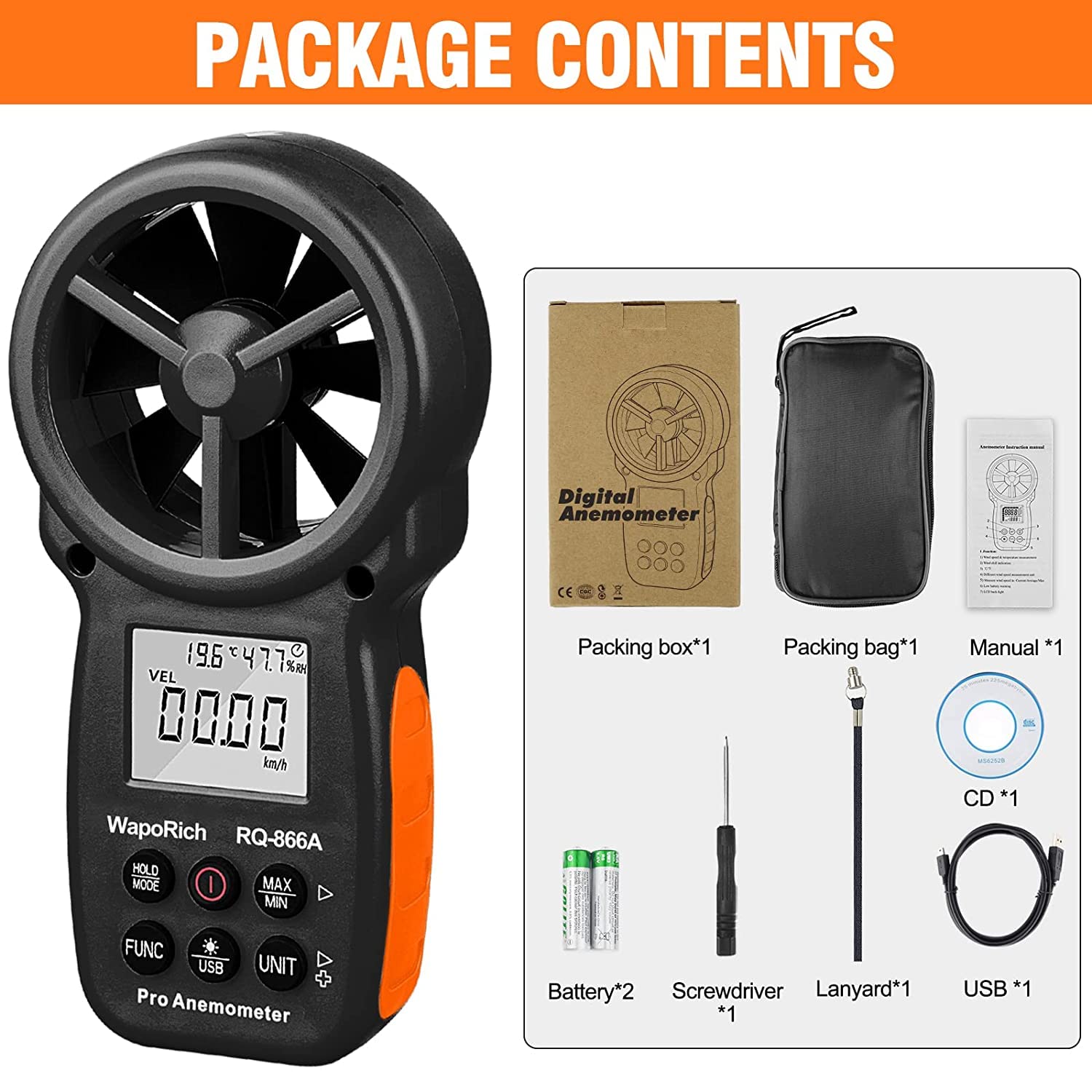 Anémomètre Numérique CFM, WapoRich Anemometre Portable - Synchronisation des Données avec PC pour une Analyse Précise - Mesure la Vitesse du Vent/Débit d'Air/Humidité/Temp/Point de Rosée RQ-866A
