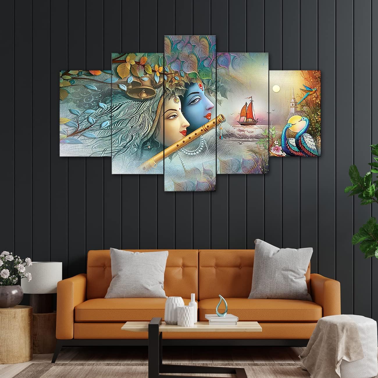 Perpetual Radha Krishna Paintings for Wall Decoratoin - Set Of Five, 3d Scenery Vastu Wall Painting for Living Room Large Size with Frames for Wall Decor and Home Decoration (125 CM X 60 CM) JL