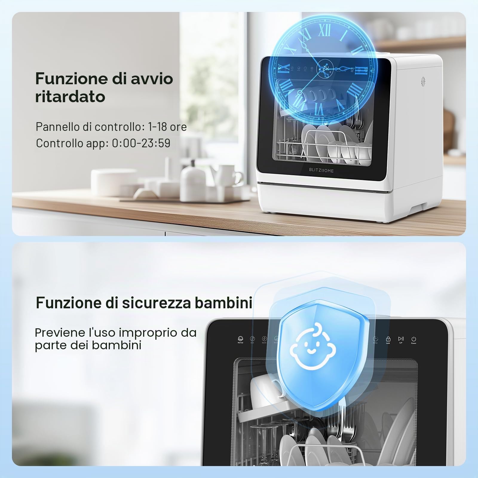 Mini lavastoviglie BLITZHOME controllo smart app, 8 programmi, lavastoviglie da tavolo portatile, serbatoio dell'acqua da 5 l, utilizzabile con/senza collegamento acqua, asciutto, prenotazione